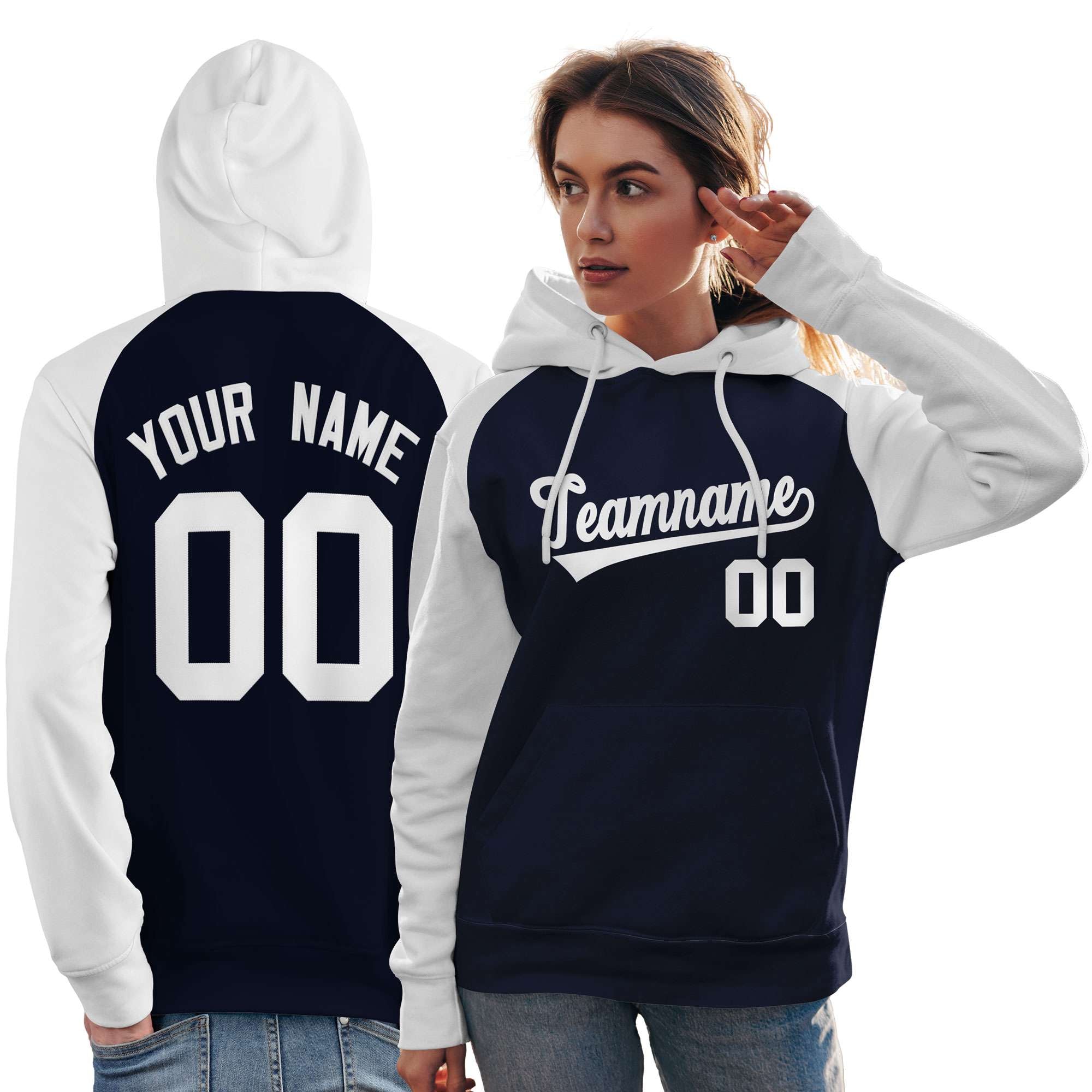 Custom Stitched Navy White Raglan Sleeves Sports Pullover Sweatshirt Hoodie For Women| KXKSHOP