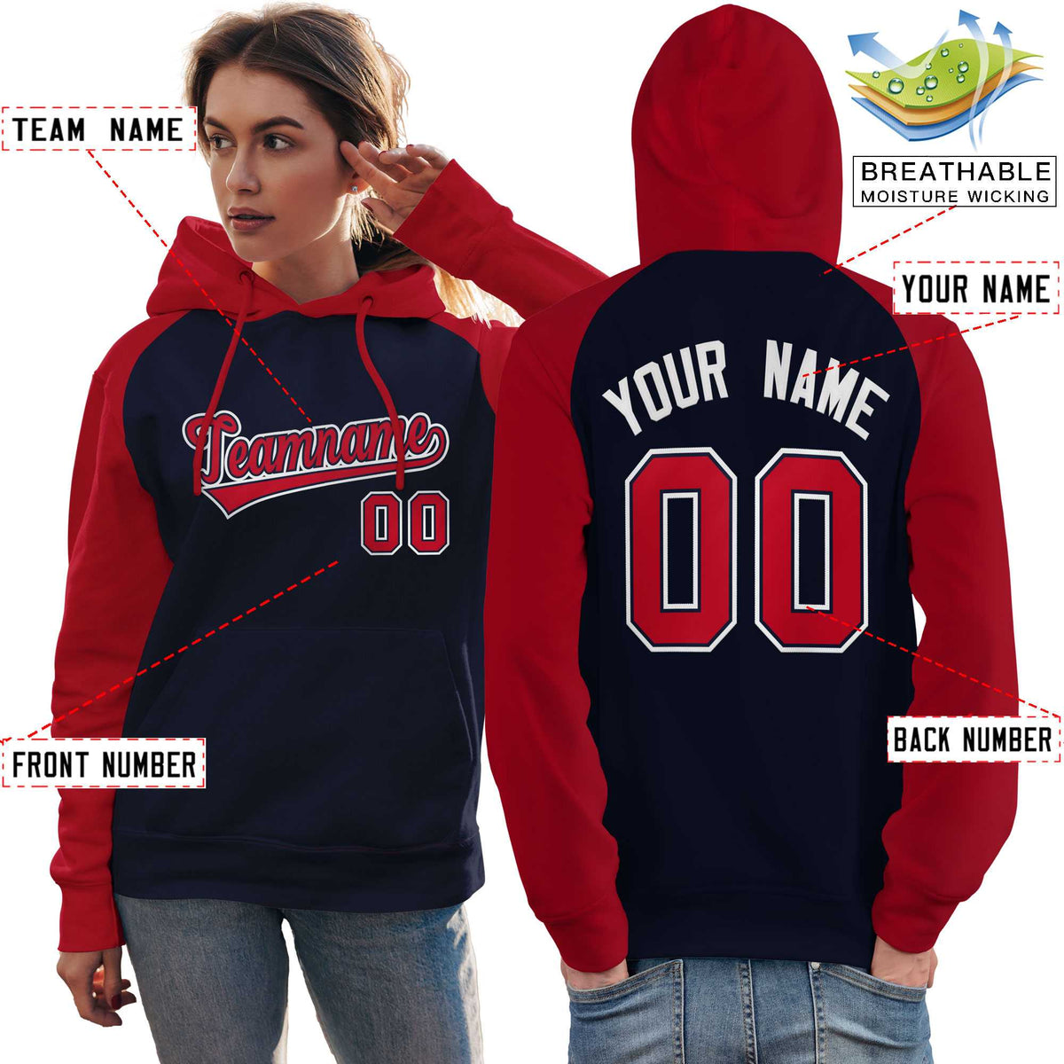 Custom Stitched Navy Red Raglan Sleeves Sports Pullover Sweatshirt Hoodie For Women| KXKSHOP