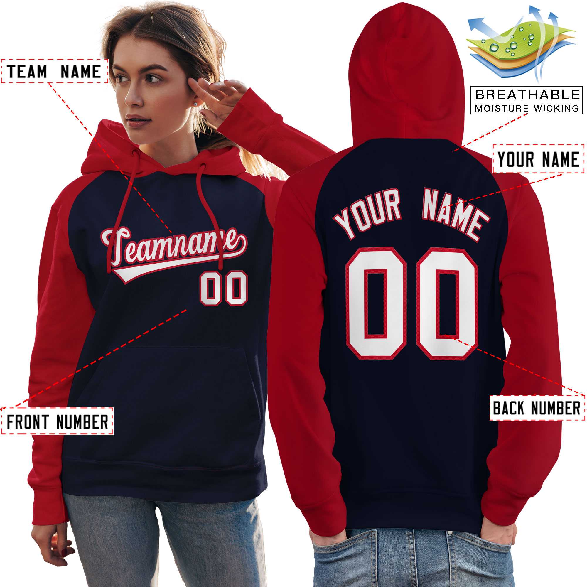 Custom Stitched Navy Red-White Raglan Sleeves Sports Pullover Sweatshirt Hoodie For Women| KXKSHOP