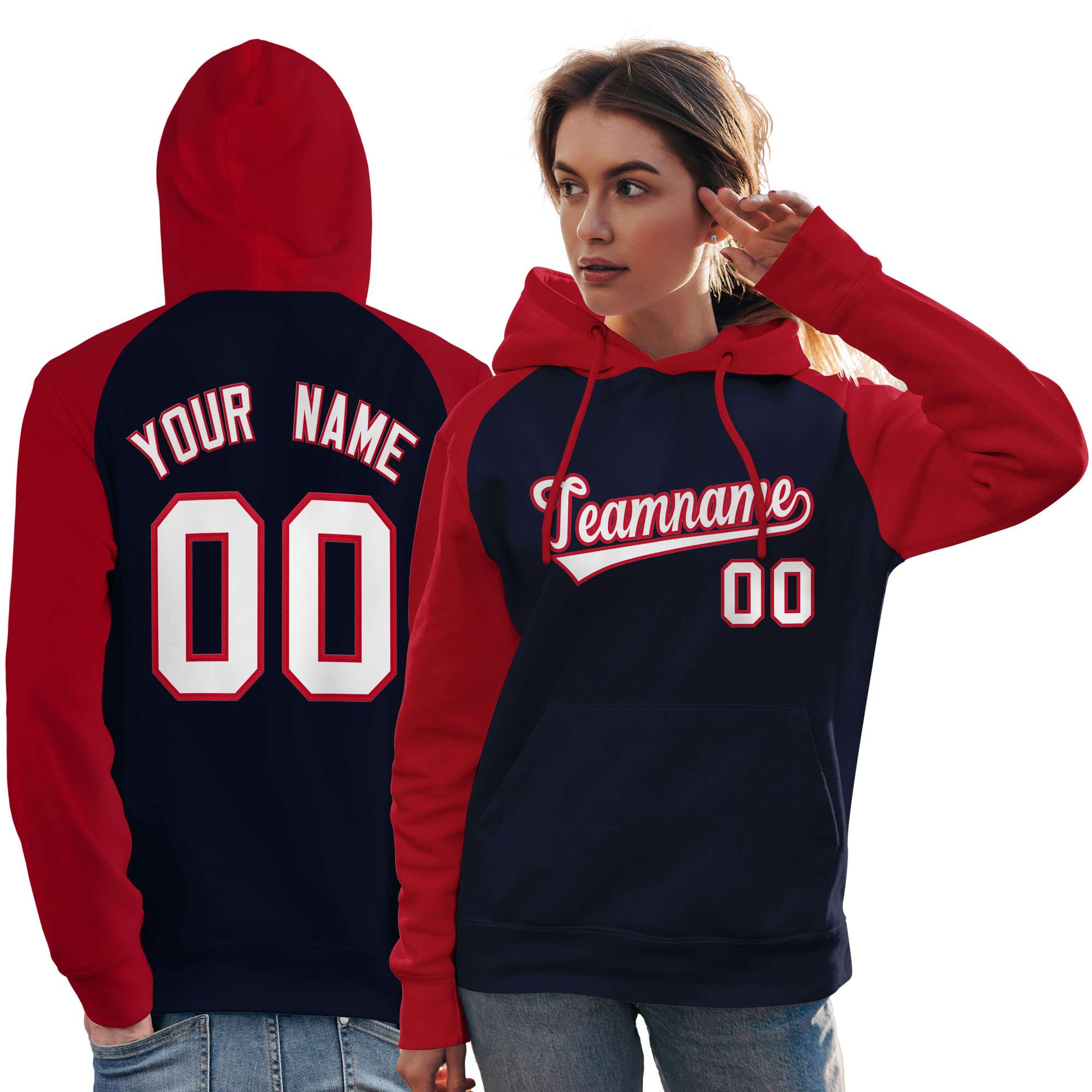 Custom Stitched Navy Red-White Raglan Sleeves Sports Pullover Sweatshirt Hoodie For Women| KXKSHOP