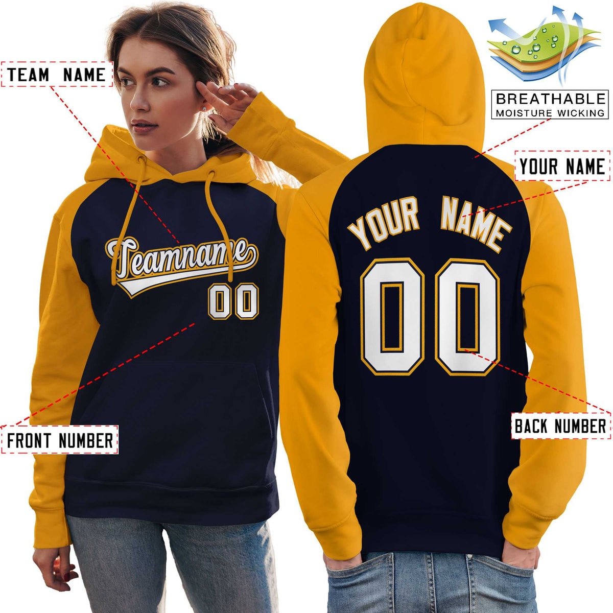 Custom Stitched Navy Gold-White Raglan Sleeves Sports Pullover Sweatshirt Hoodie For Women| KXKSHOP