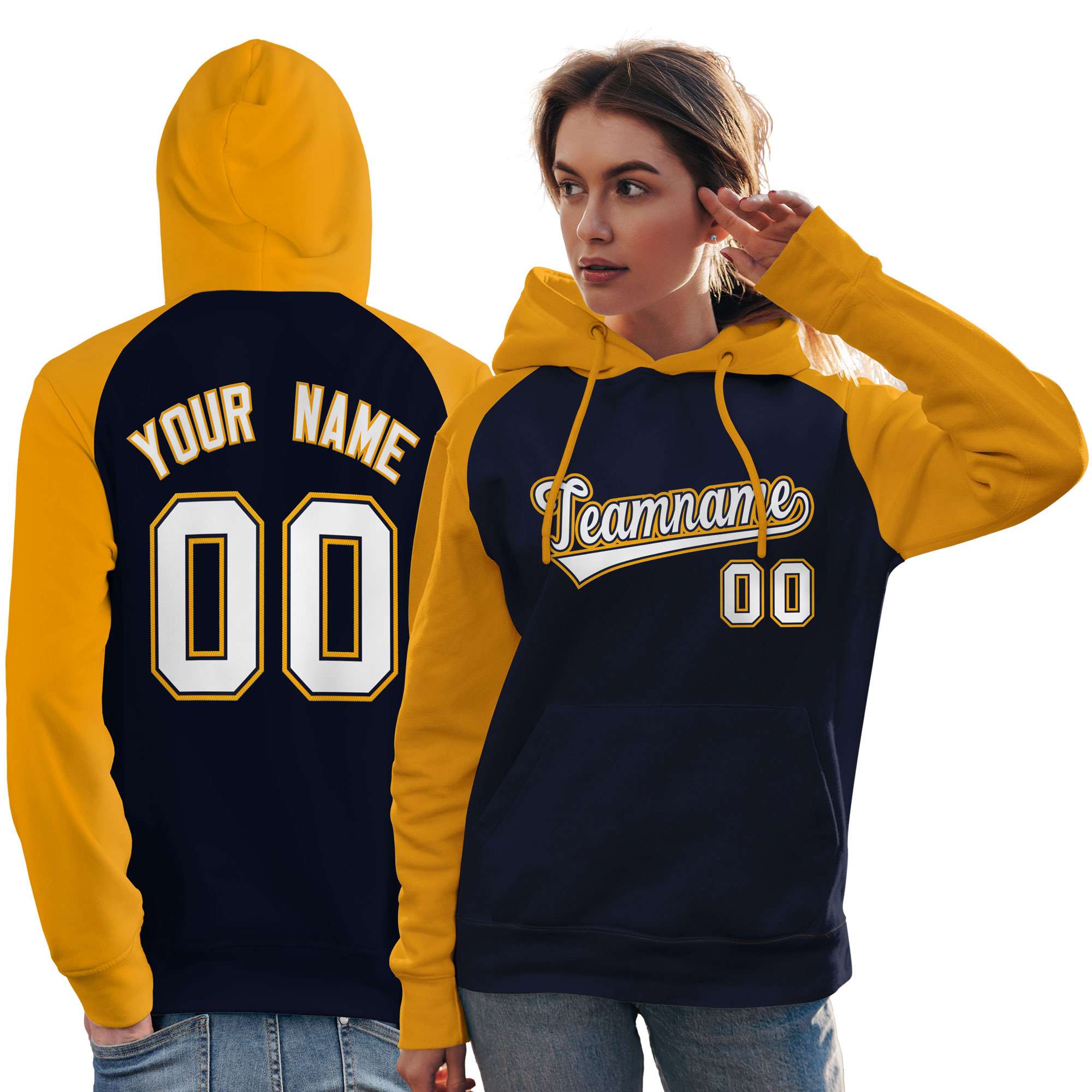 Custom Stitched Navy Gold-White Raglan Sleeves Sports Pullover Sweatshirt Hoodie For Women| KXKSHOP