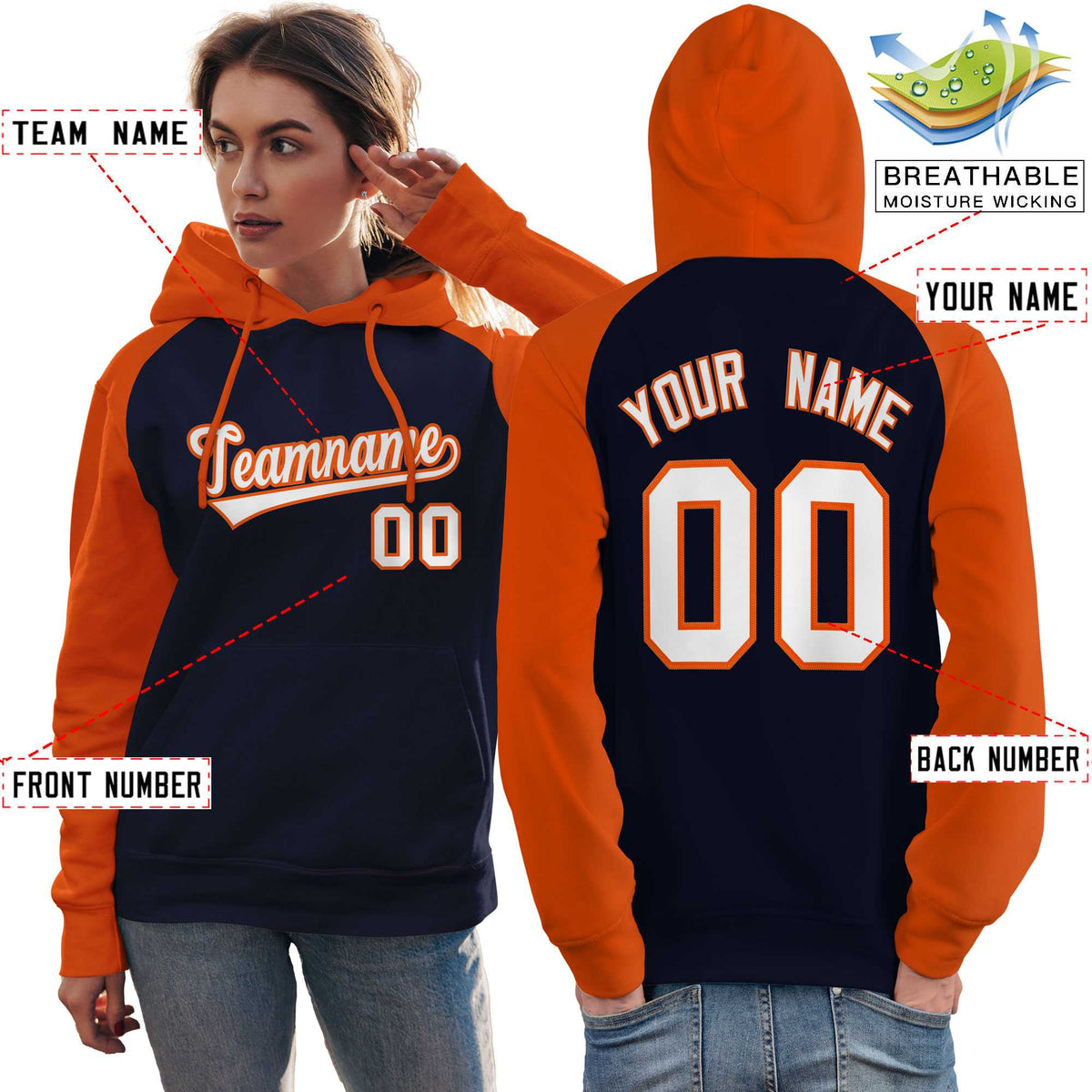 Custom Stitched Navy Orange-White Raglan Sleeves Sports Pullover Sweatshirt Hoodie For Women| KXKSHOP