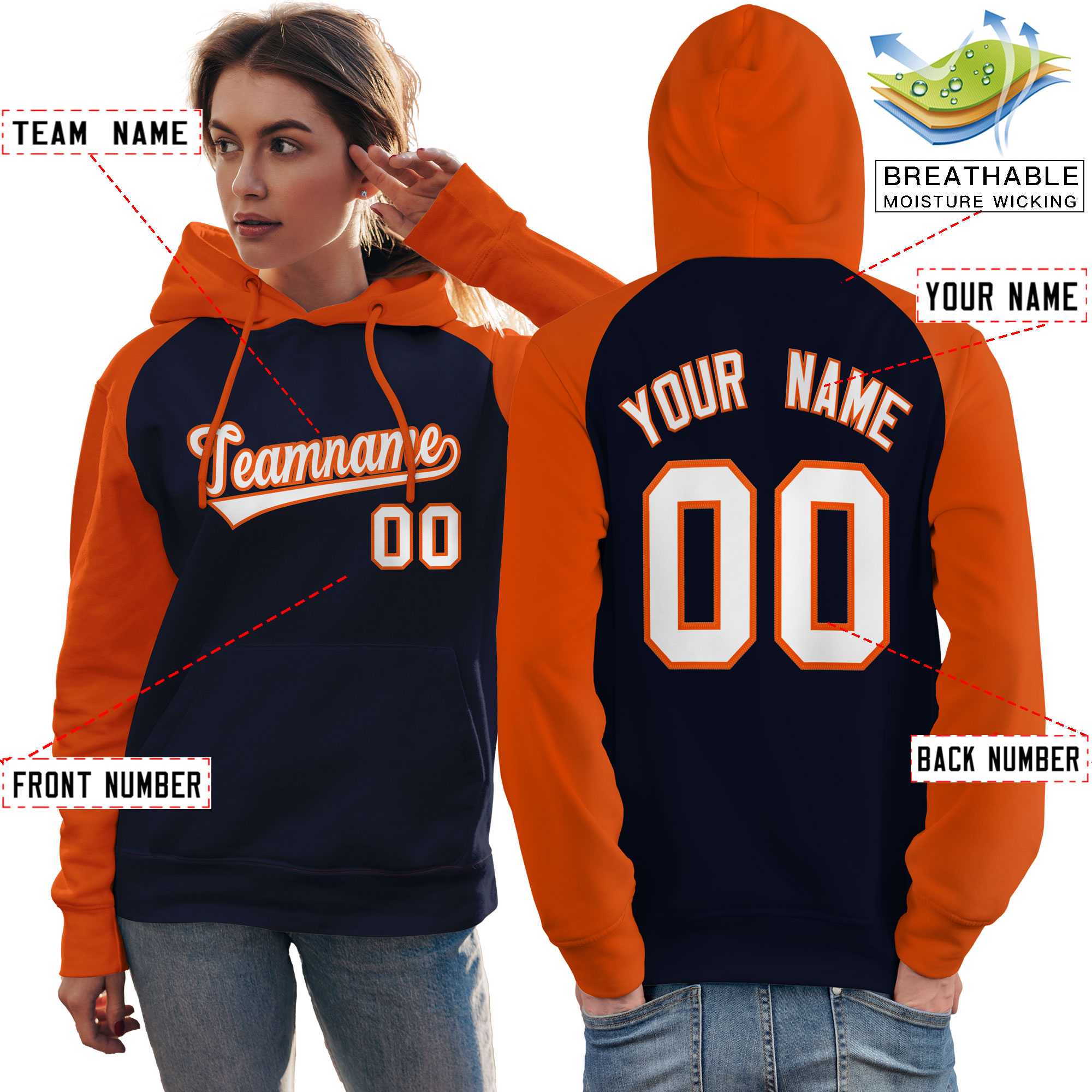 Custom Stitched Navy Orange-White Raglan Sleeves Sports Pullover Sweatshirt Hoodie For Women| KXKSHOP