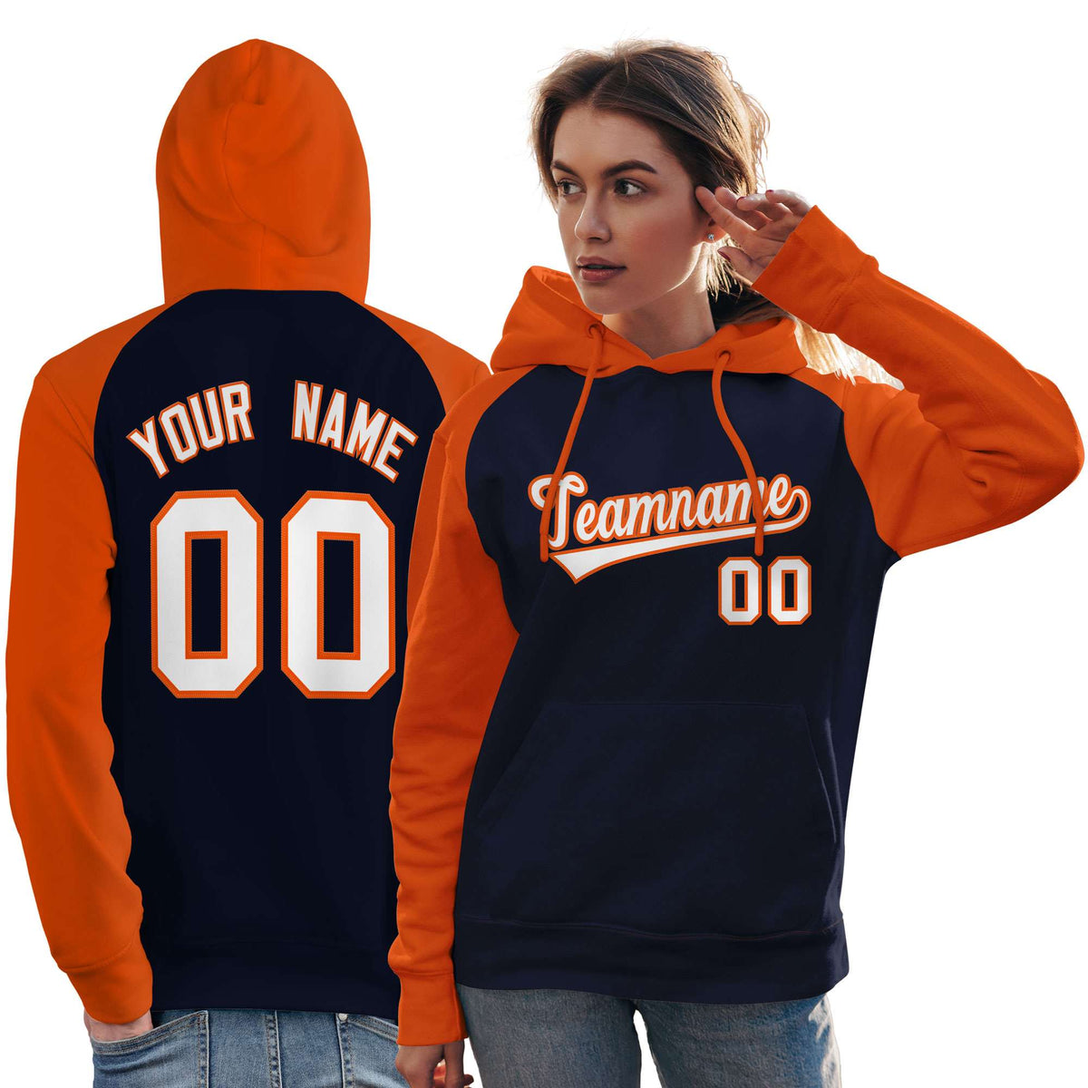 Custom Stitched Navy Orange-White Raglan Sleeves Sports Pullover Sweatshirt Hoodie For Women| KXKSHOP