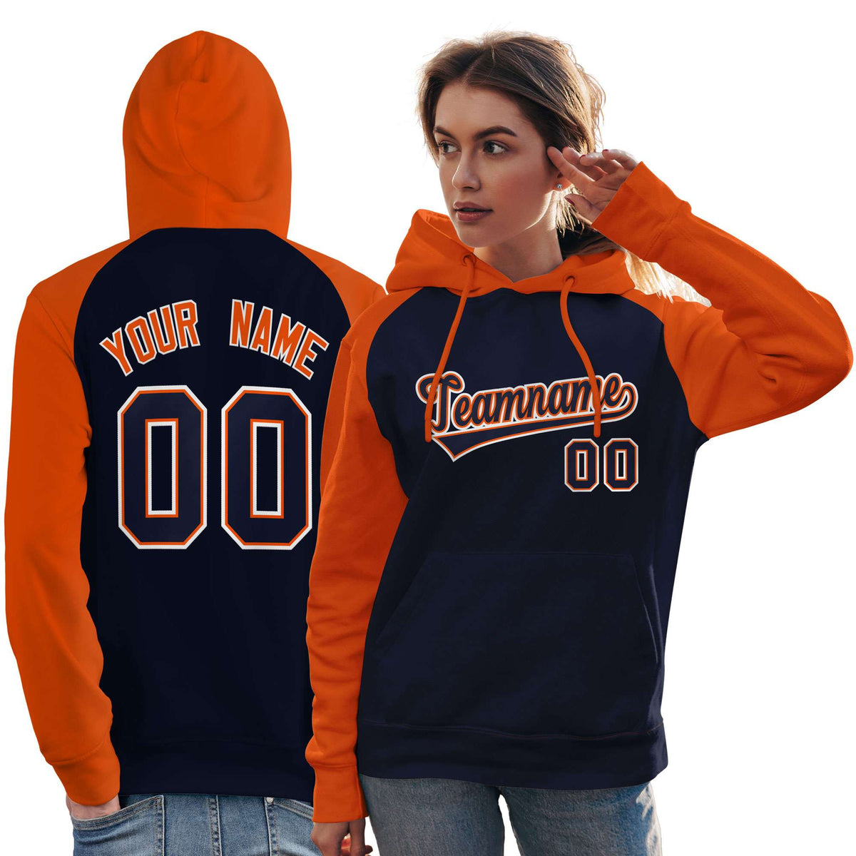 Custom Stitched Navy Orange Raglan Sleeves Sports Pullover Sweatshirt Hoodie For Women| KXKSHOP
