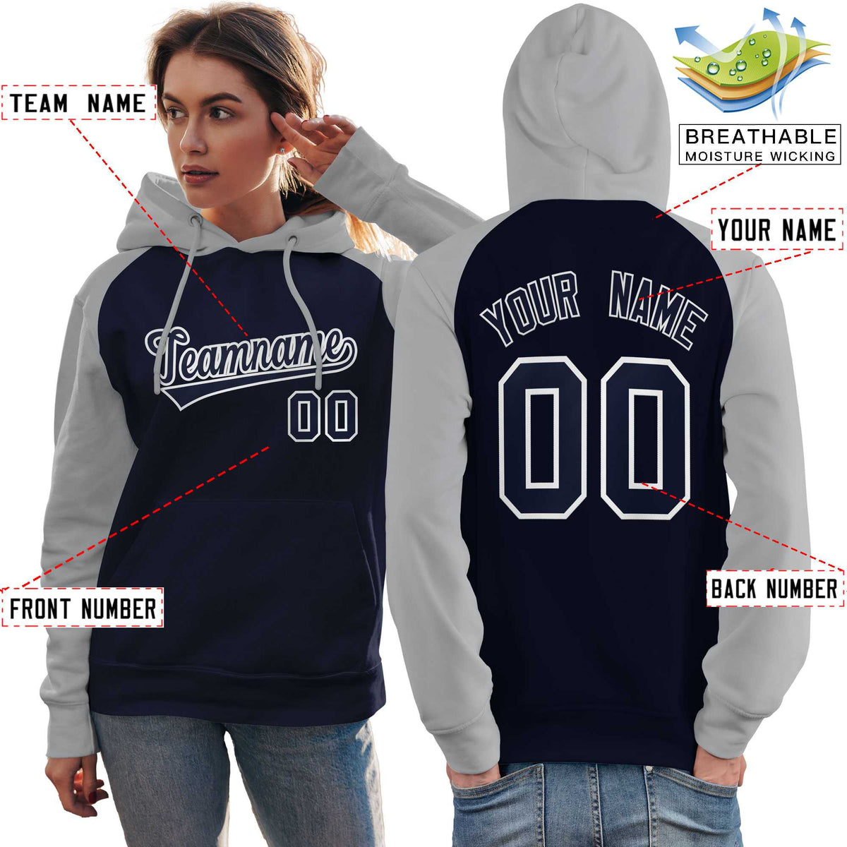 Custom Stitched Navy Gray Raglan Sleeves Sports Pullover Sweatshirt Hoodie For Women| KXKSHOP
