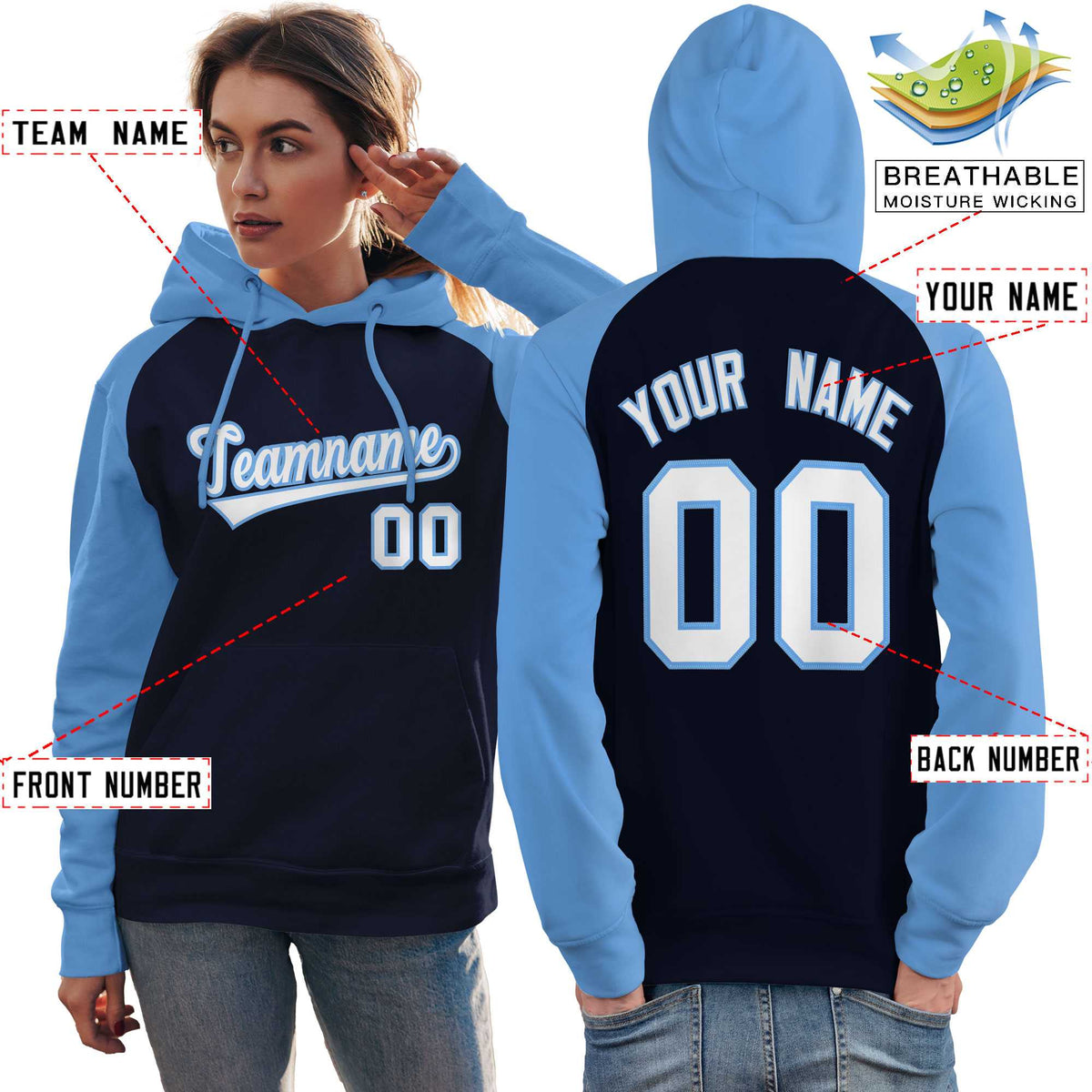 Custom Stitched Navy Powder Blue-White Raglan Sleeves Sports Pullover Sweatshirt Hoodie For Women| KXKSHOP