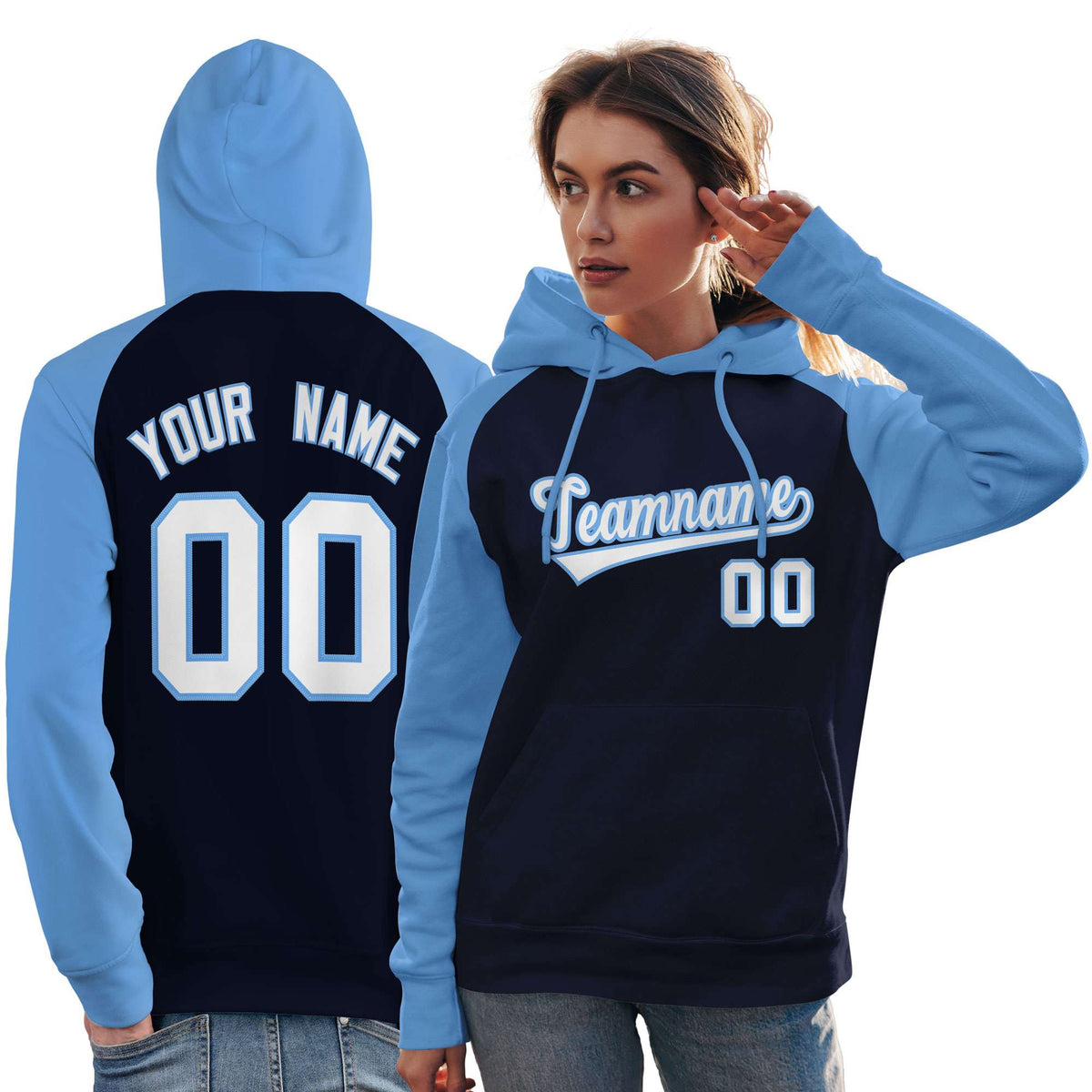 Custom Stitched Navy Powder Blue-White Raglan Sleeves Sports Pullover Sweatshirt Hoodie For Women| KXKSHOP