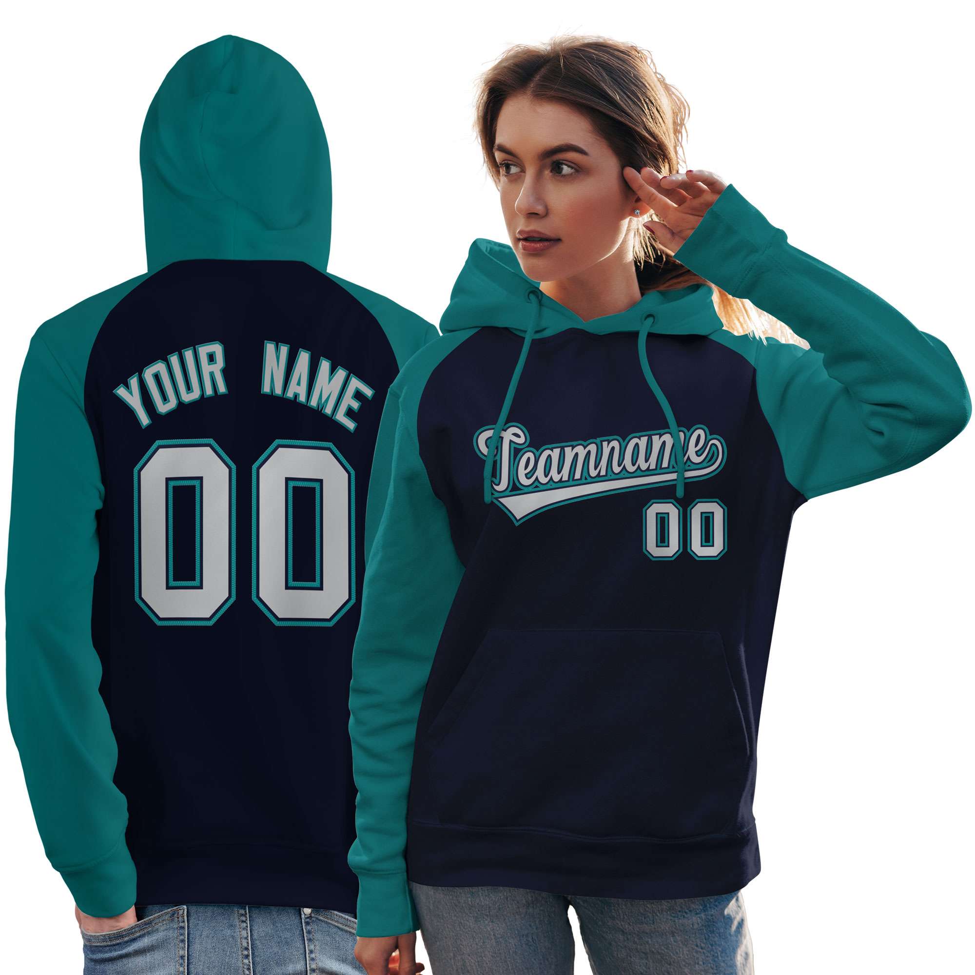 Custom Stitched Navy Aqua-Gray Raglan Sleeves Sports Pullover Sweatshirt Hoodie For Women| KXKSHOP