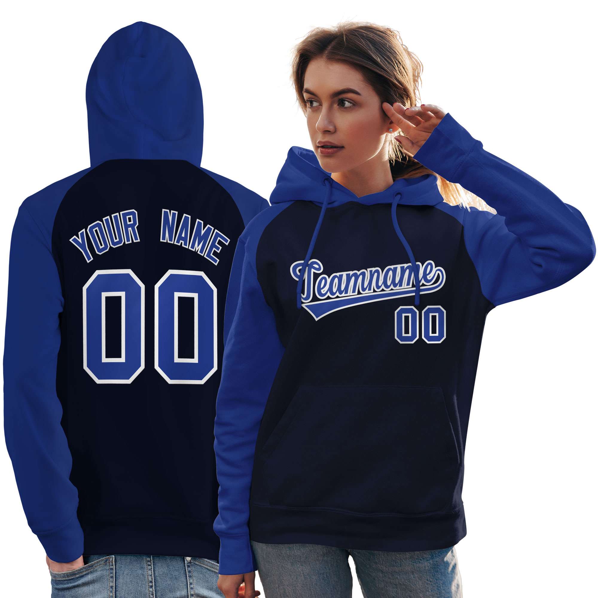 Custom Stitched Navy Royal Raglan Sleeves Sports Pullover Sweatshirt Hoodie For Women| KXKSHOP