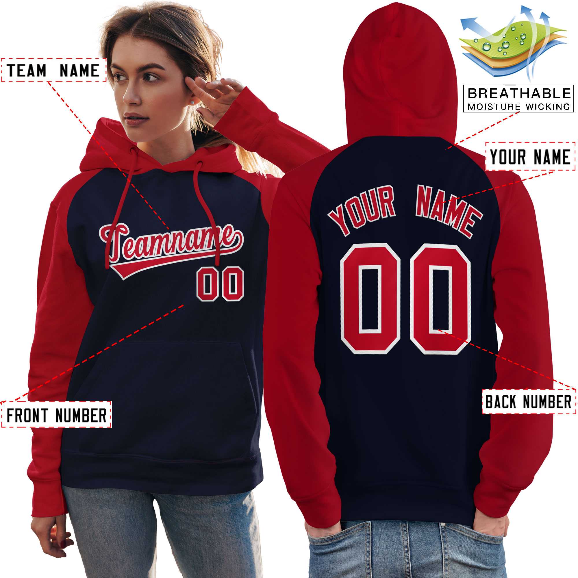 Custom Stitched Navy Red Raglan Sleeves Sports Pullover Sweatshirt Hoodie For Women| KXKSHOP