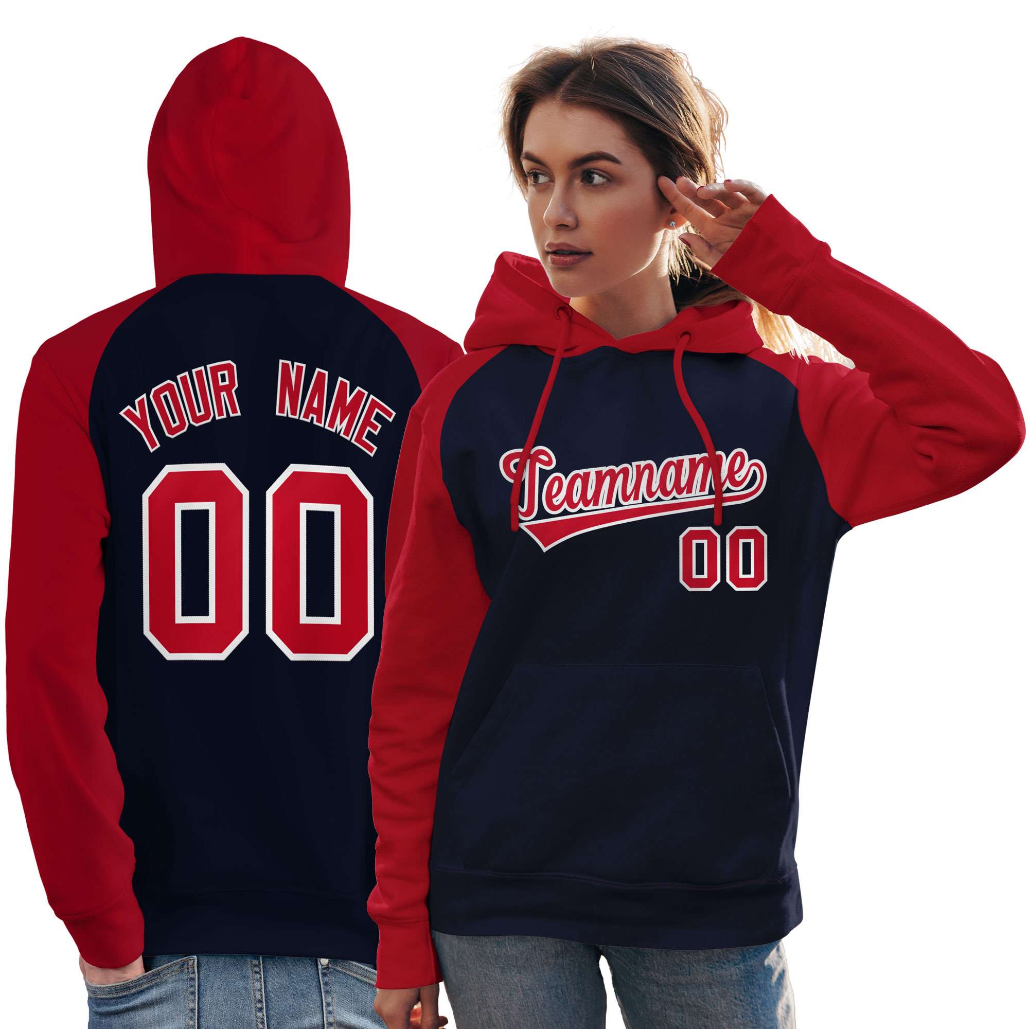 Custom Stitched Navy Red Raglan Sleeves Sports Pullover Sweatshirt Hoodie For Women| KXKSHOP