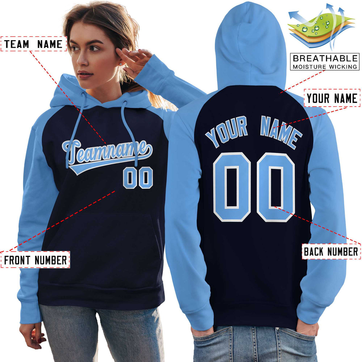 Custom Stitched Navy Powder Blue Raglan Sleeves Sports Pullover Sweatshirt Hoodie For Women| KXKSHOP