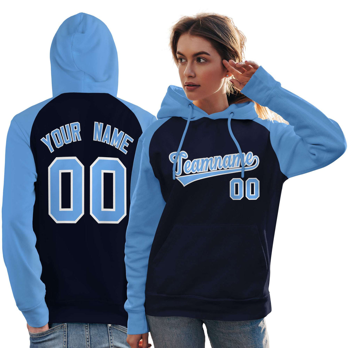 Custom Stitched Navy Powder Blue Raglan Sleeves Sports Pullover Sweatshirt Hoodie For Women| KXKSHOP