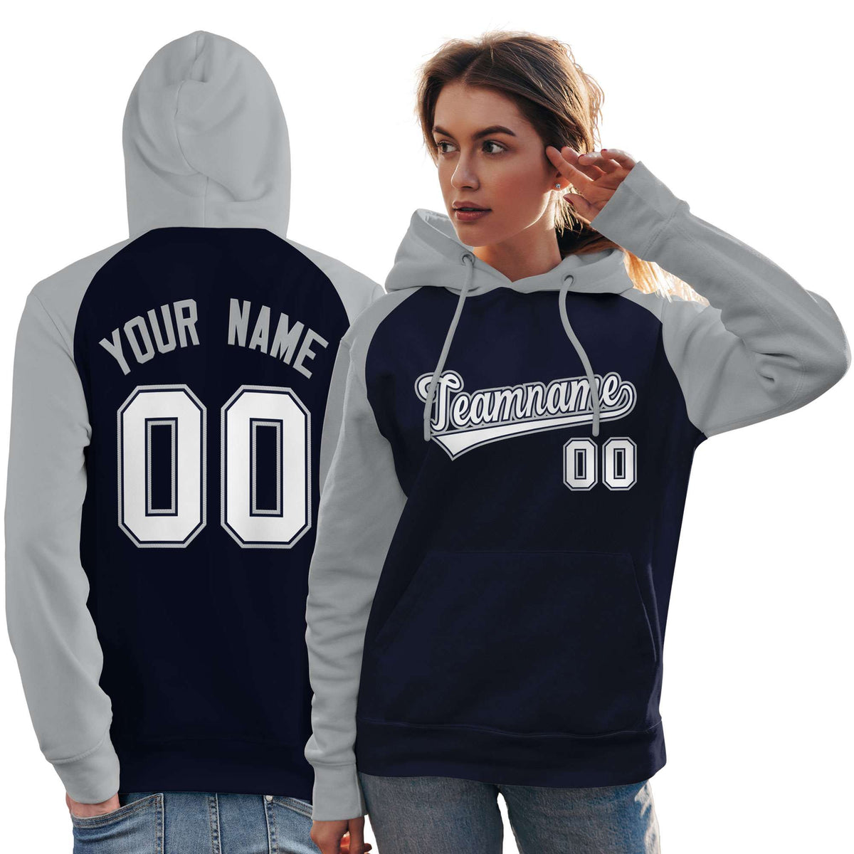 Custom Stitched Navy Gray-White Raglan Sleeves Sports Pullover Sweatshirt Hoodie For Women| KXKSHOP
