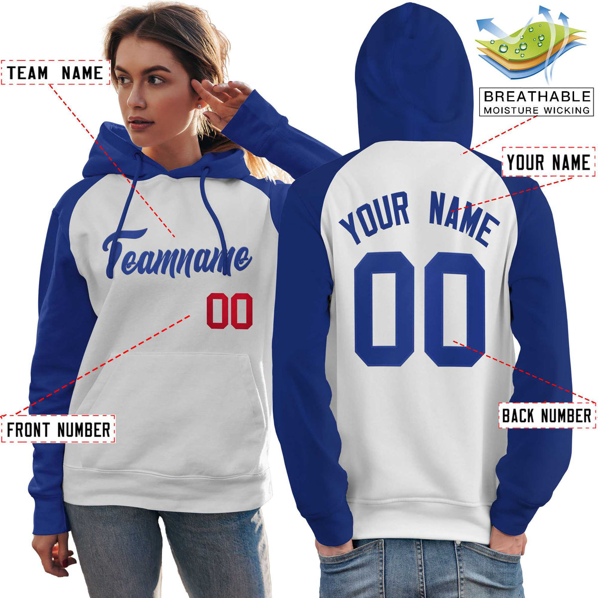 Custom Stitched White Royal Raglan Sleeves Sports Pullover Sweatshirt Hoodie For Women| KXKSHOP