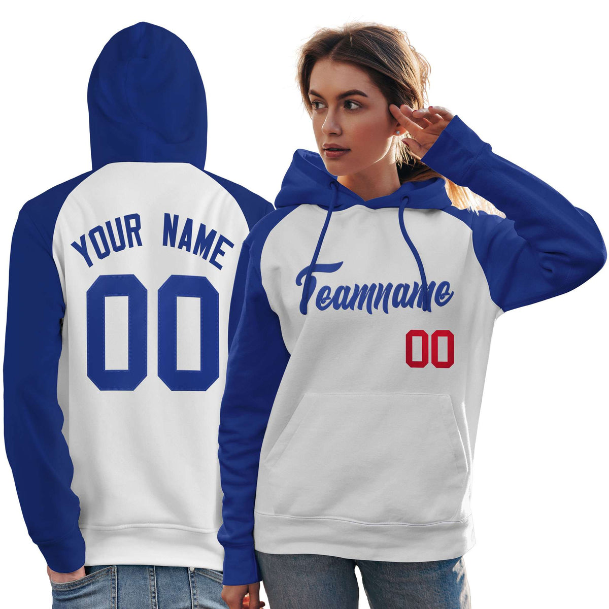 Custom Stitched White Royal Raglan Sleeves Sports Pullover Sweatshirt Hoodie For Women| KXKSHOP