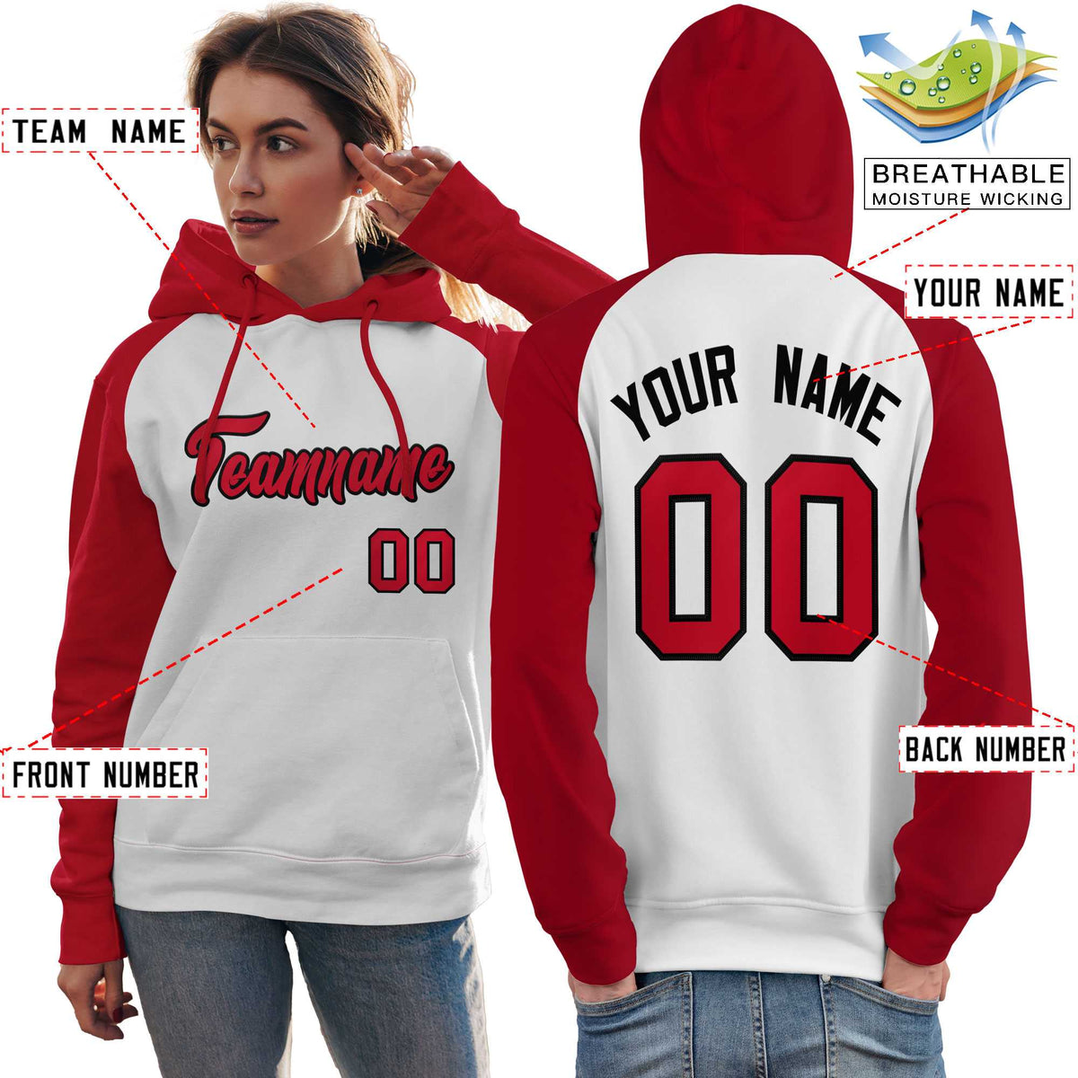 Custom Stitched White Red Raglan Sleeves Sports Pullover Sweatshirt Hoodie For Women| KXKSHOP