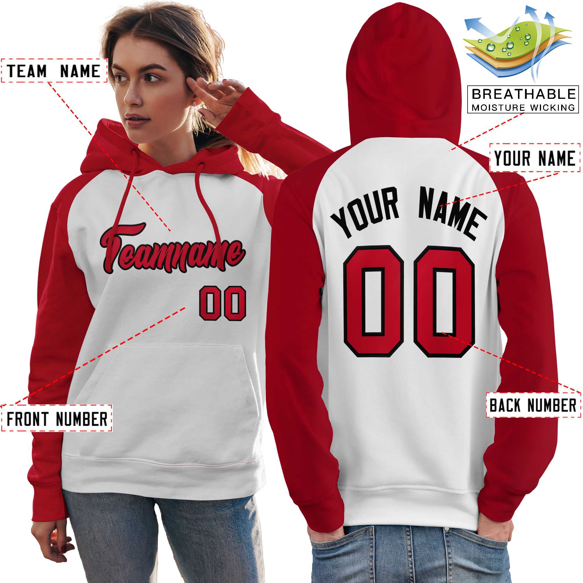 Custom Stitched White Red Raglan Sleeves Sports Pullover Sweatshirt Hoodie For Women| KXKSHOP