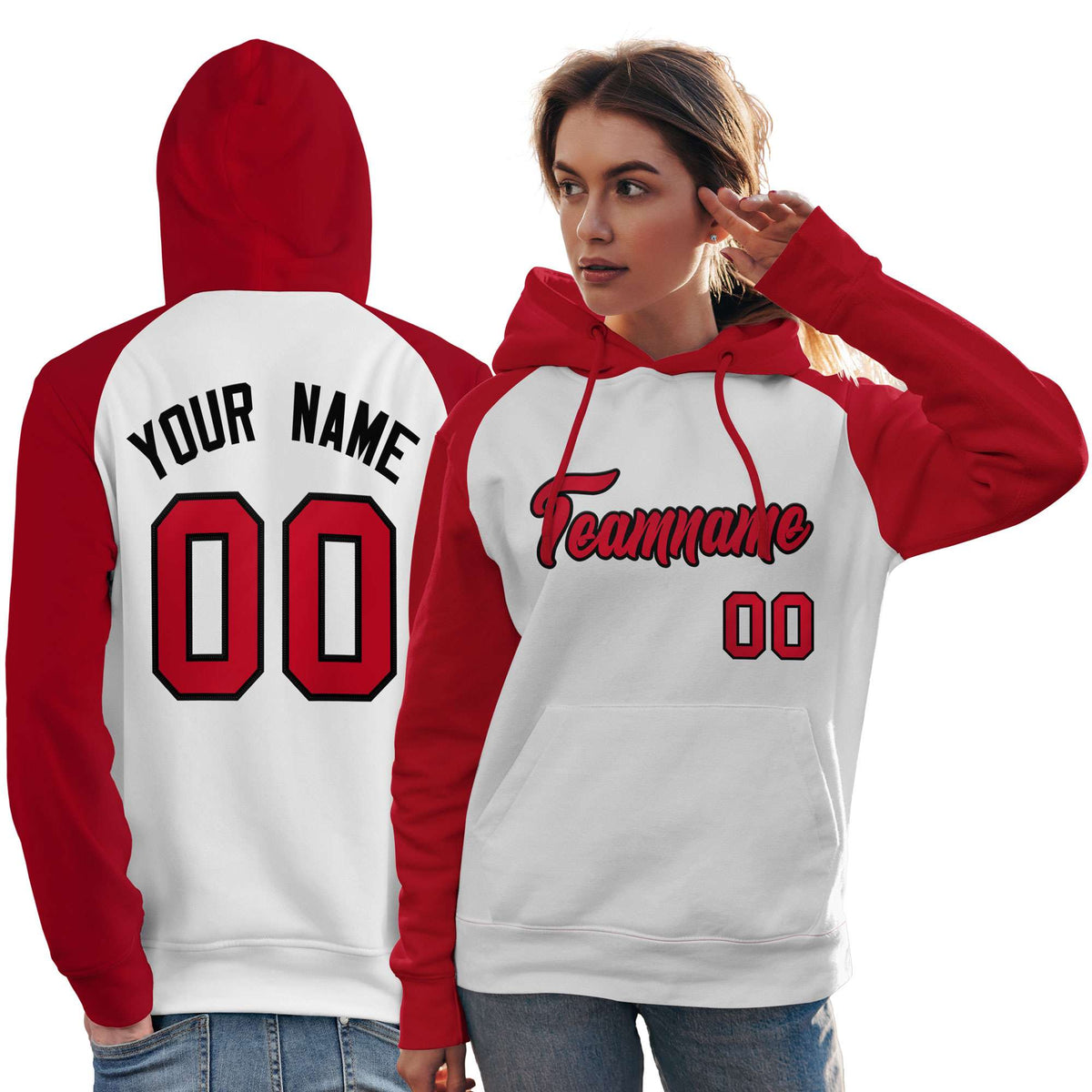 Custom Stitched White Red Raglan Sleeves Sports Pullover Sweatshirt Hoodie For Women| KXKSHOP