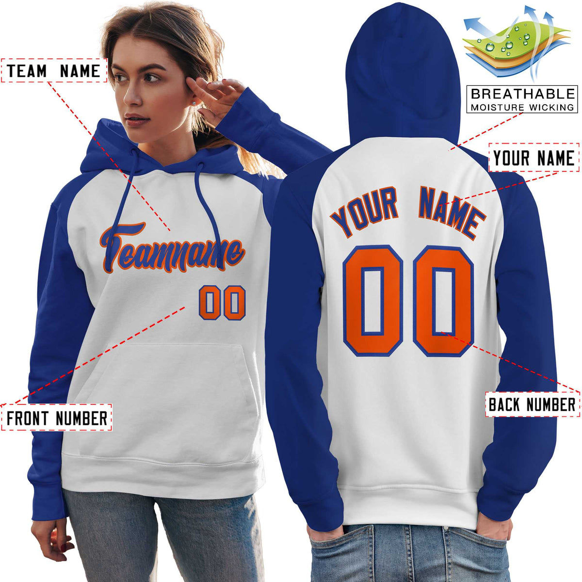 Custom Stitched White Royal Raglan Sleeves Sports Pullover Sweatshirt Hoodie For Women| KXKSHOP