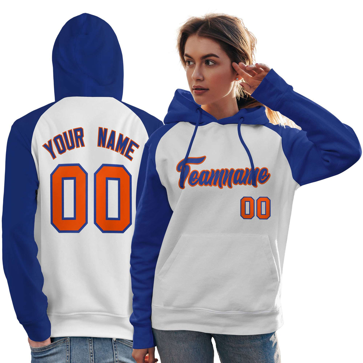 Custom Stitched White Royal Raglan Sleeves Sports Pullover Sweatshirt Hoodie For Women| KXKSHOP