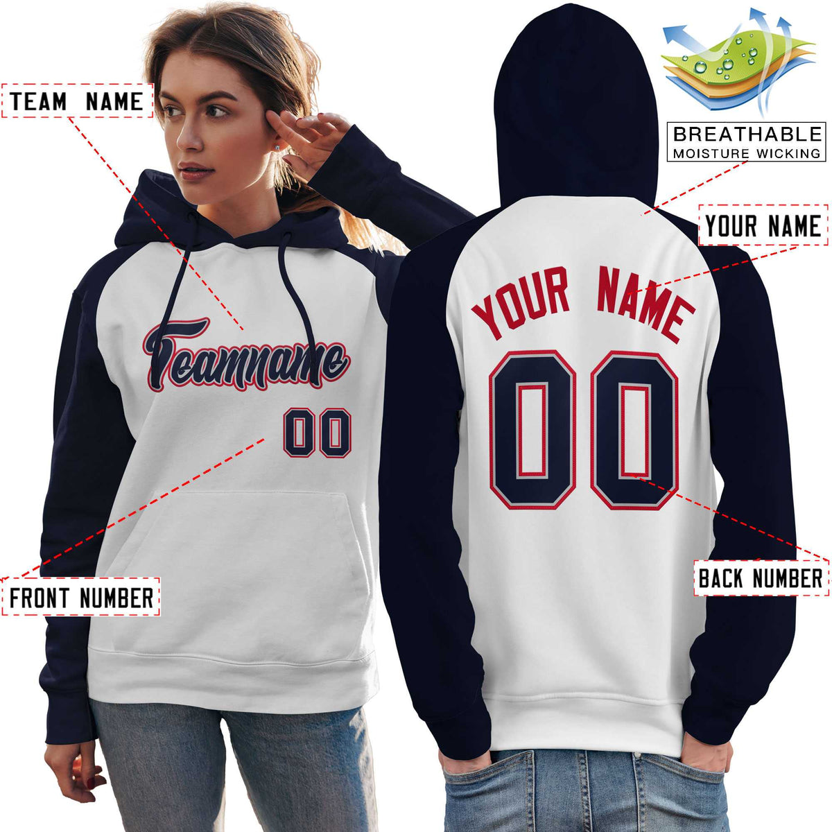 Custom Stitched White Navy Raglan Sleeves Sports Pullover Sweatshirt Hoodie For Women| KXKSHOP