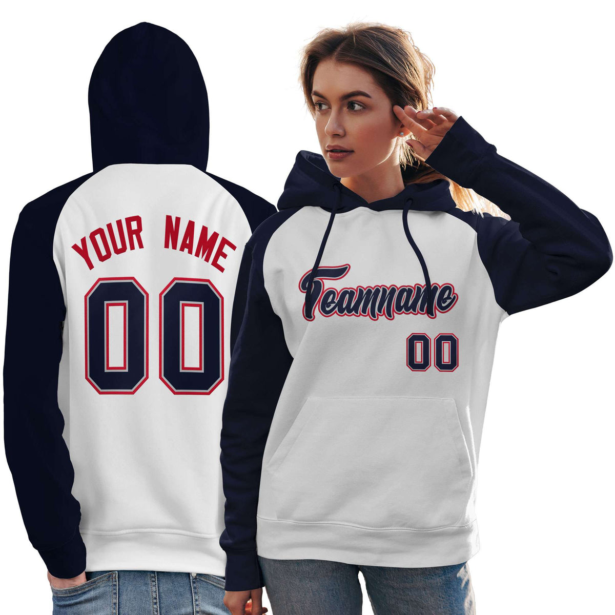 Custom Stitched White Navy Raglan Sleeves Sports Pullover Sweatshirt Hoodie For Women| KXKSHOP
