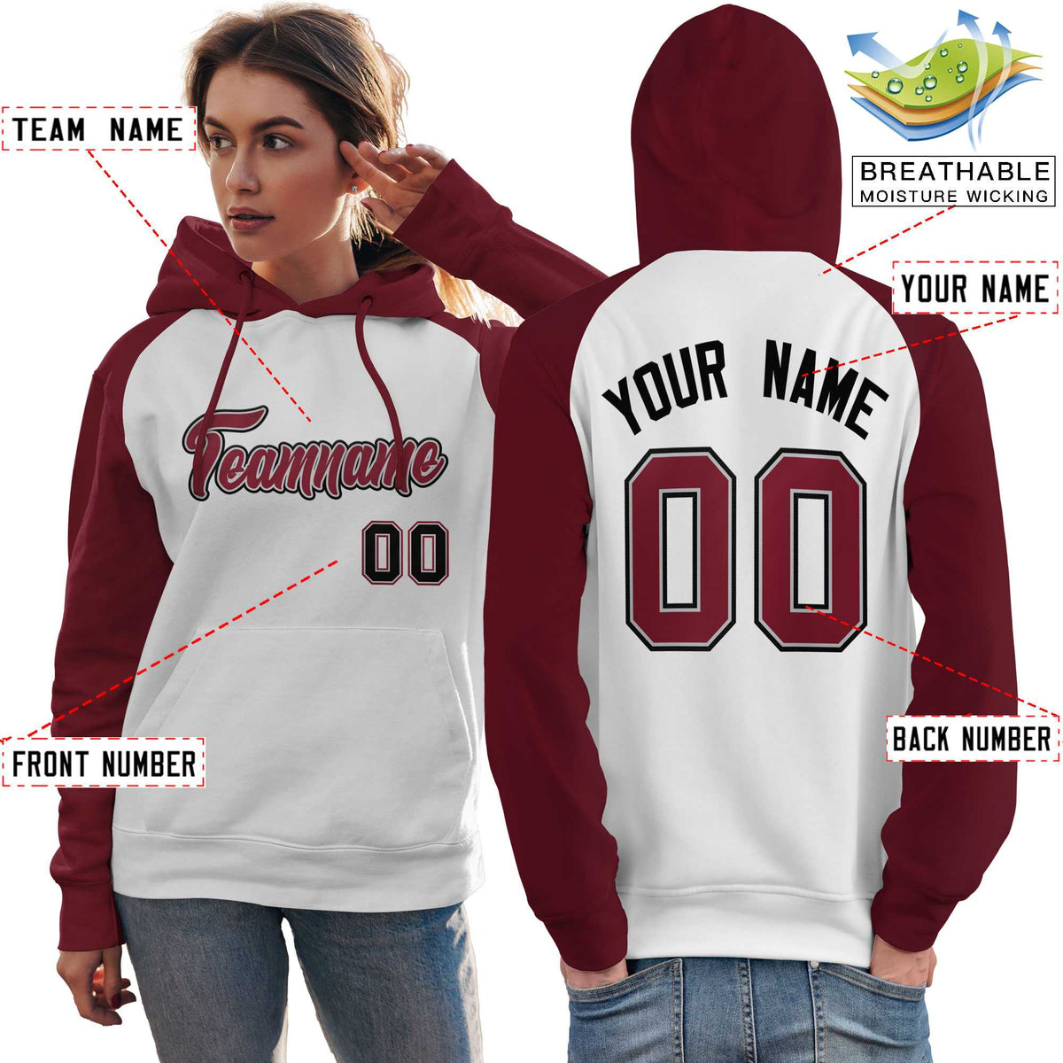 Custom Stitched White Crimson Raglan Sleeves Sports Pullover Sweatshirt Hoodie For Women| KXKSHOP