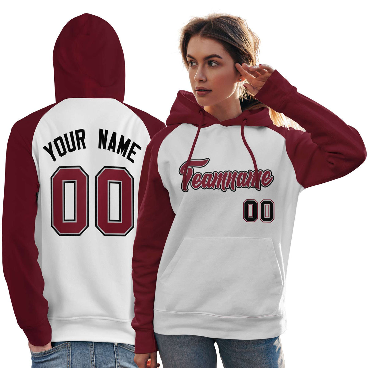 Custom Stitched White Crimson Raglan Sleeves Sports Pullover Sweatshirt Hoodie For Women| KXKSHOP