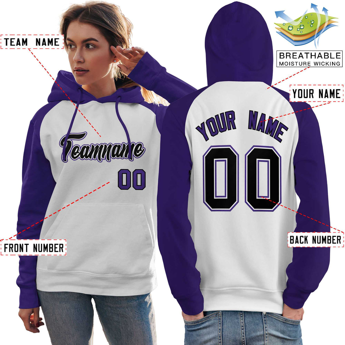 Custom Stitched White Purple-Black Raglan Sleeves Sports Pullover Sweatshirt Hoodie For Women| KXKSHOP