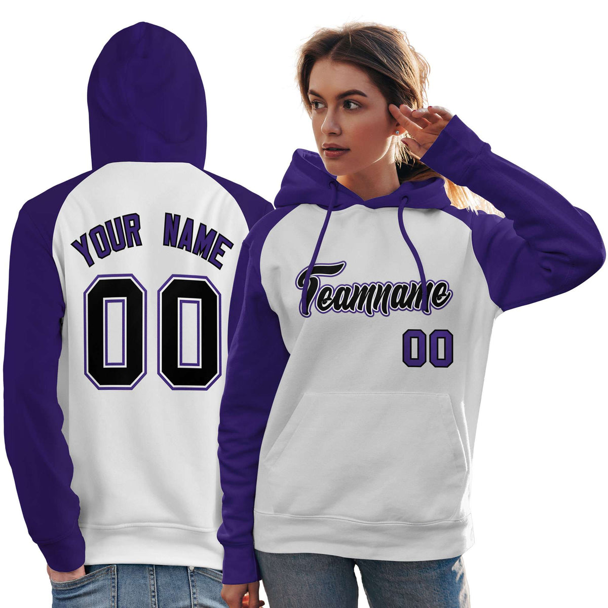Custom Stitched White Purple-Black Raglan Sleeves Sports Pullover Sweatshirt Hoodie For Women| KXKSHOP