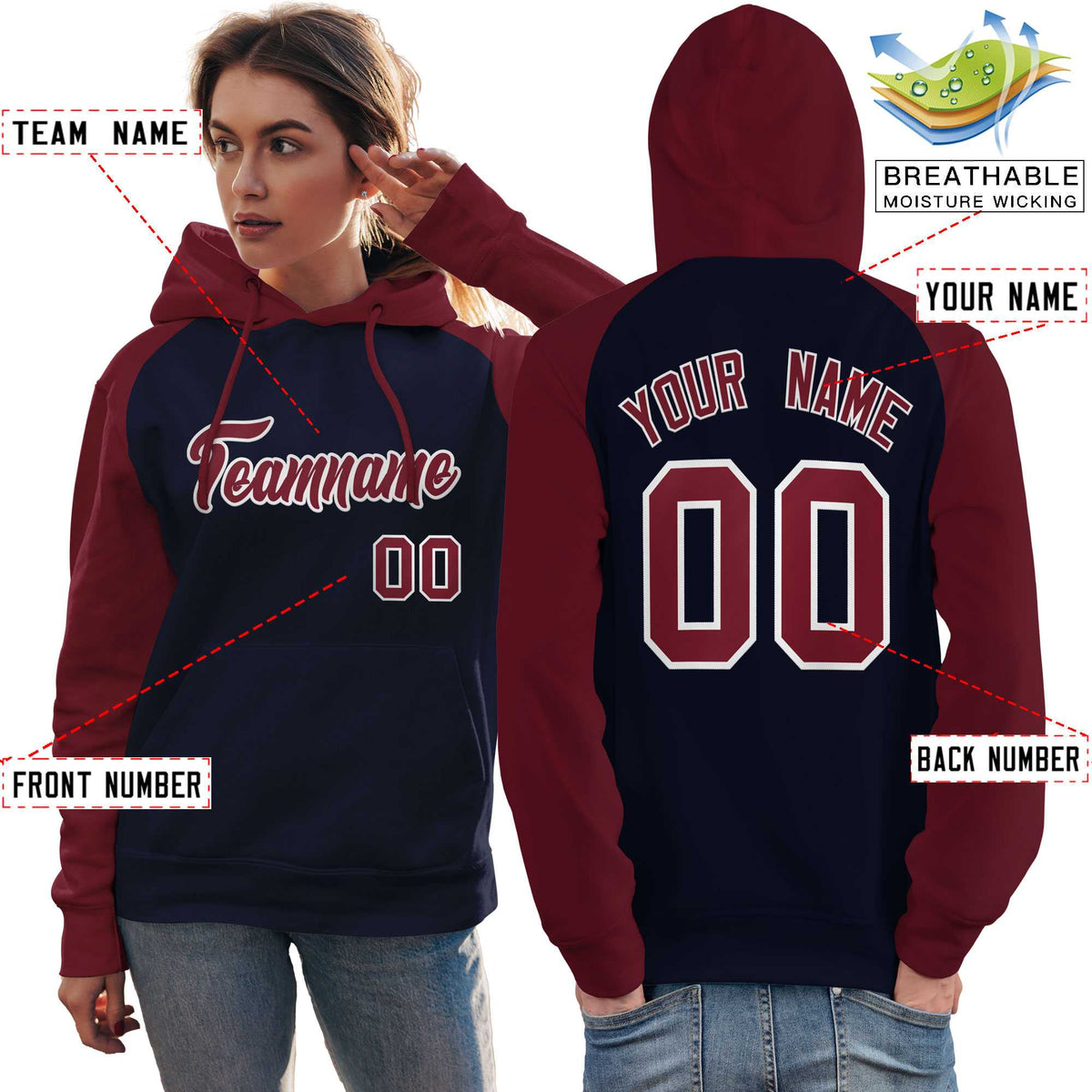 Custom Stitched Navy Crimson Raglan Sleeves Sports Pullover Sweatshirt Hoodie For Women| KXKSHOP