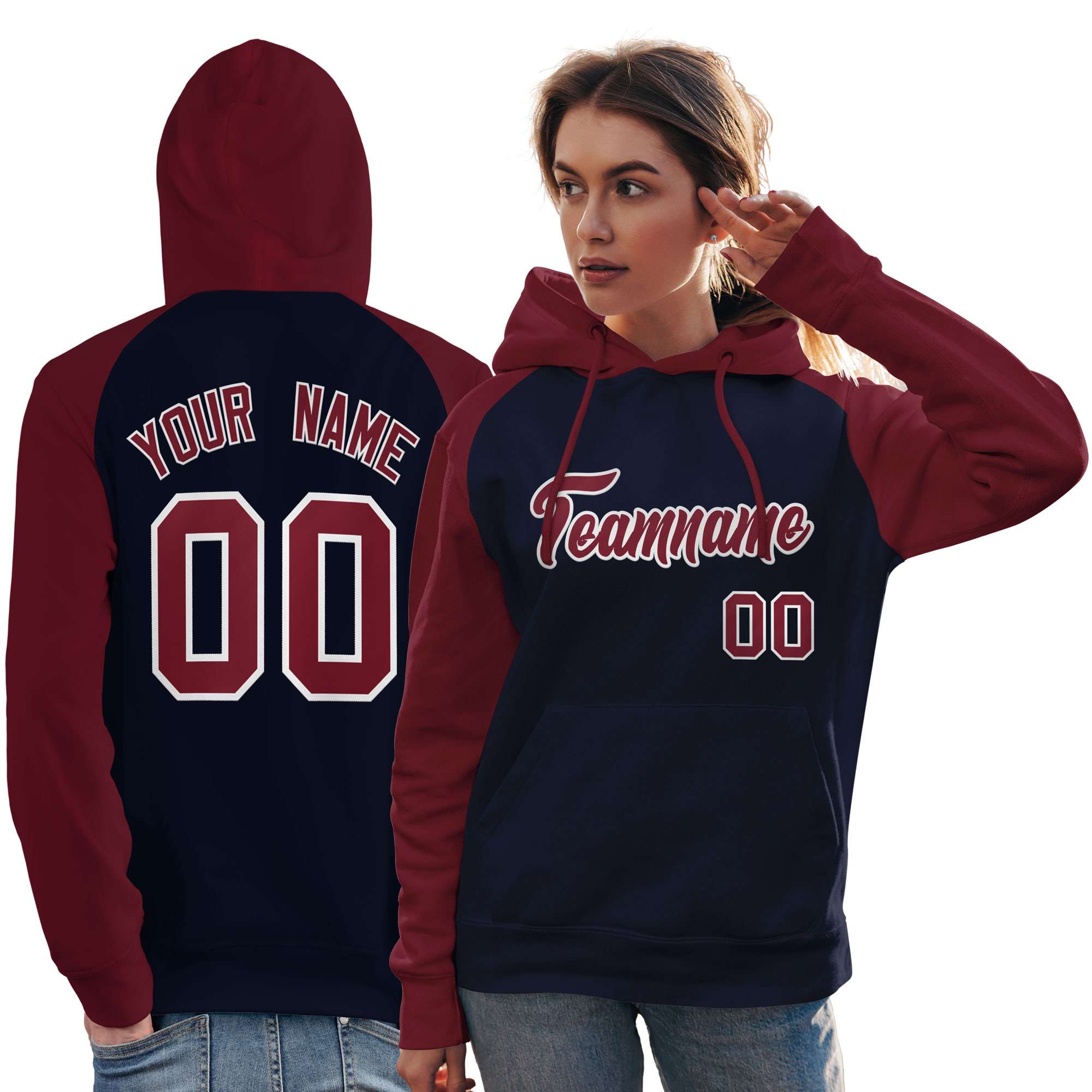 Custom Stitched Navy Crimson Raglan Sleeves Sports Pullover Sweatshirt Hoodie For Women| KXKSHOP