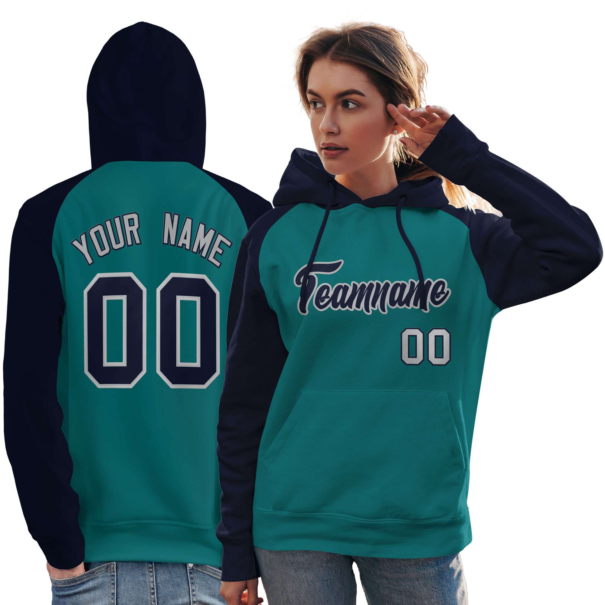 Custom Stitched Aqua Navy Raglan Sleeves Sports Pullover Sweatshirt Hoodie For Women| KXKSHOP