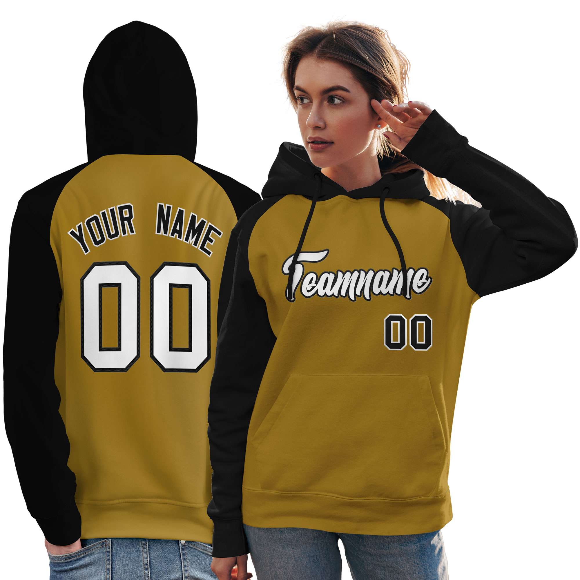 Custom Stitched Old Gold Black-White Raglan Sleeves Sports Pullover Sweatshirt Hoodie For Women| KXKSHOP