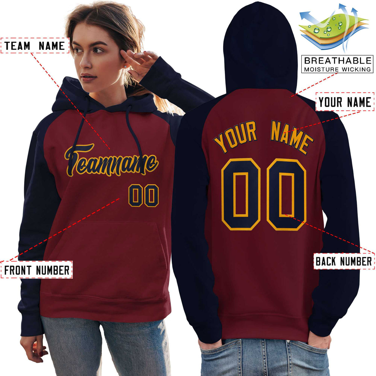 Custom Stitched Crimson Navy Raglan Sleeves Sports Pullover Sweatshirt Hoodie For Women| KXKSHOP