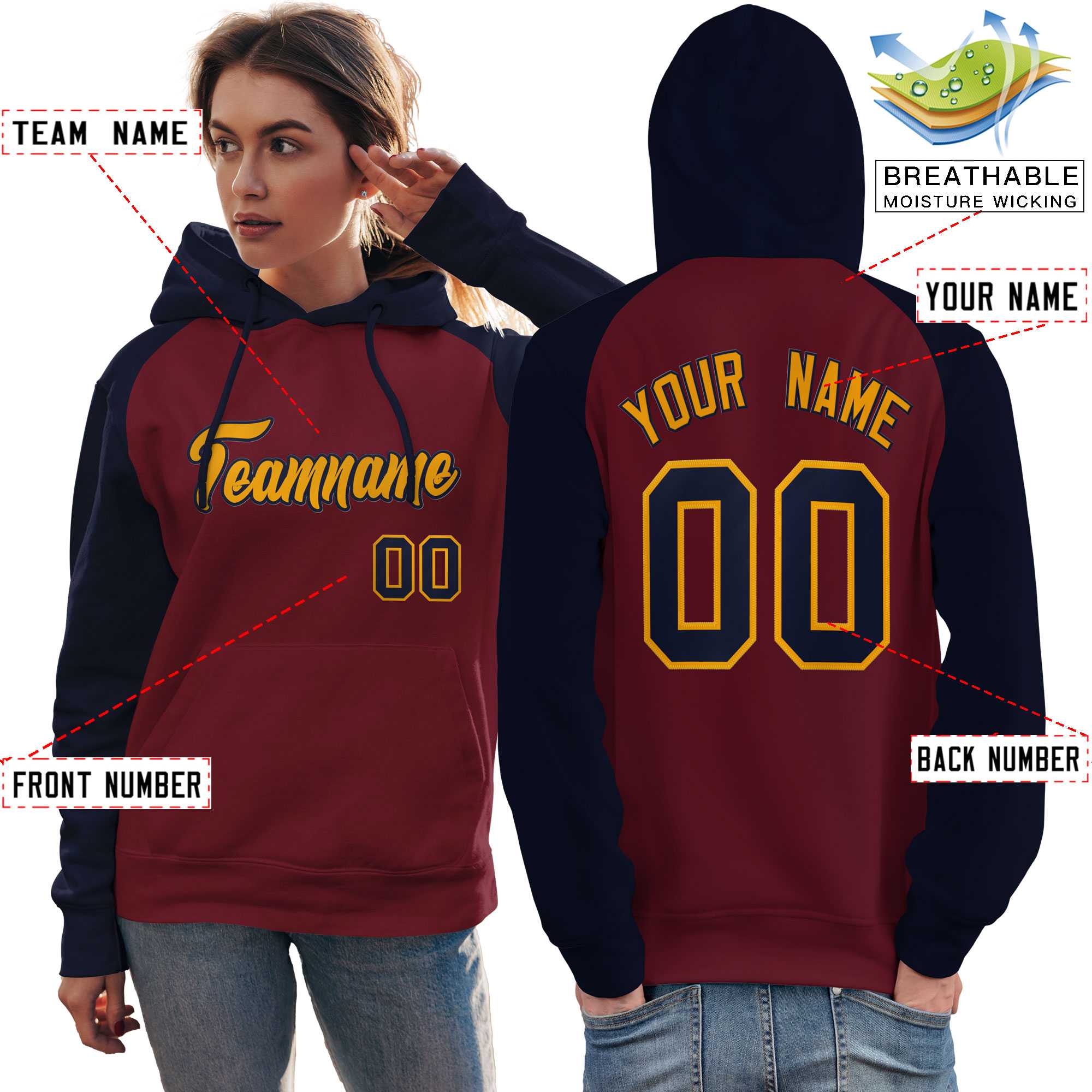Custom Stitched Crimson Navy-Gold Raglan Sleeves Sports Pullover Sweatshirt Hoodie For Women| KXKSHOP