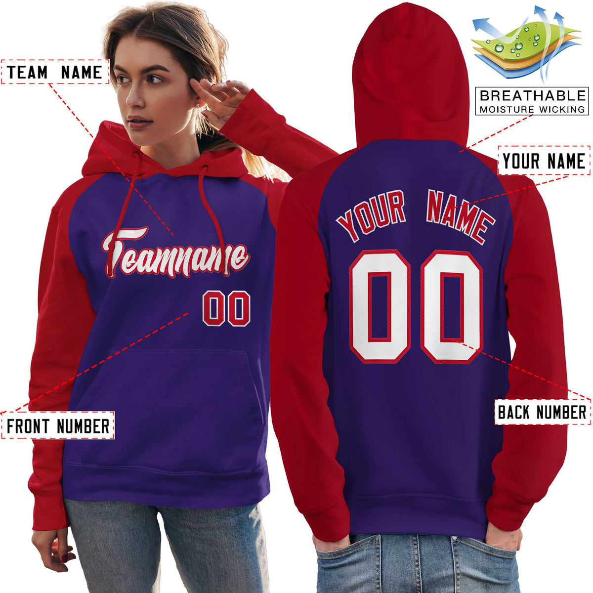 Custom Stitched Purple Red-White Raglan Sleeves Sports Pullover Sweatshirt Hoodie For Women| KXKSHOP