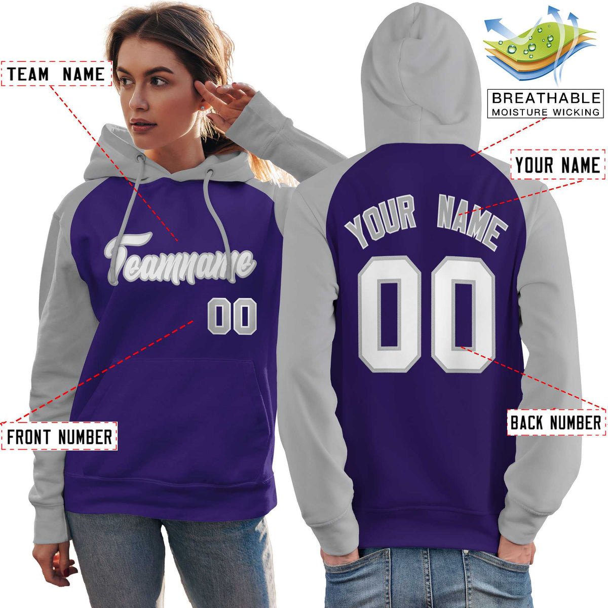 Custom Stitched Purple Gray-White Raglan Sleeves Sports Pullover Sweatshirt Hoodie For Women| KXKSHOP
