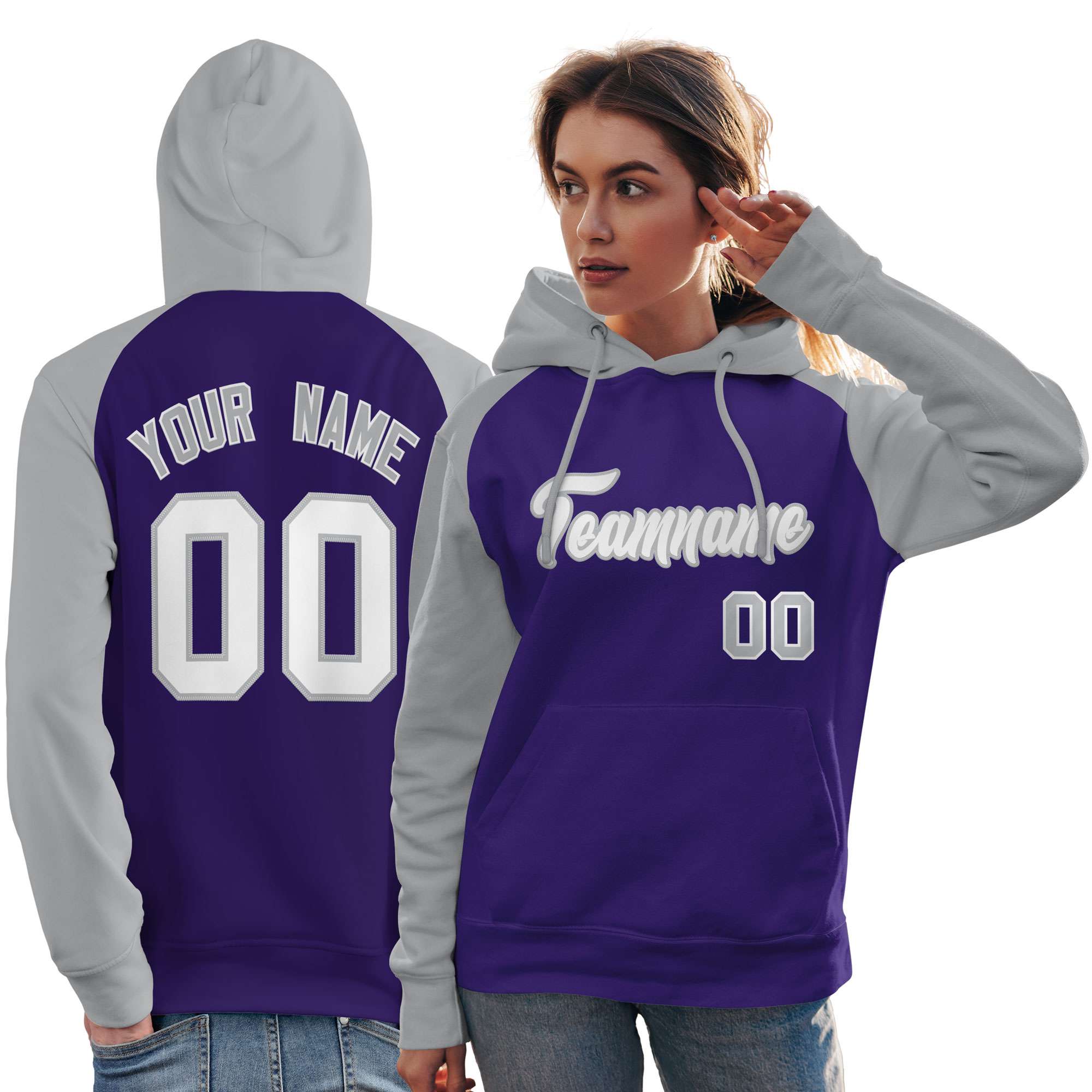 Custom Stitched Purple Gray-White Raglan Sleeves Sports Pullover Sweatshirt Hoodie For Women| KXKSHOP