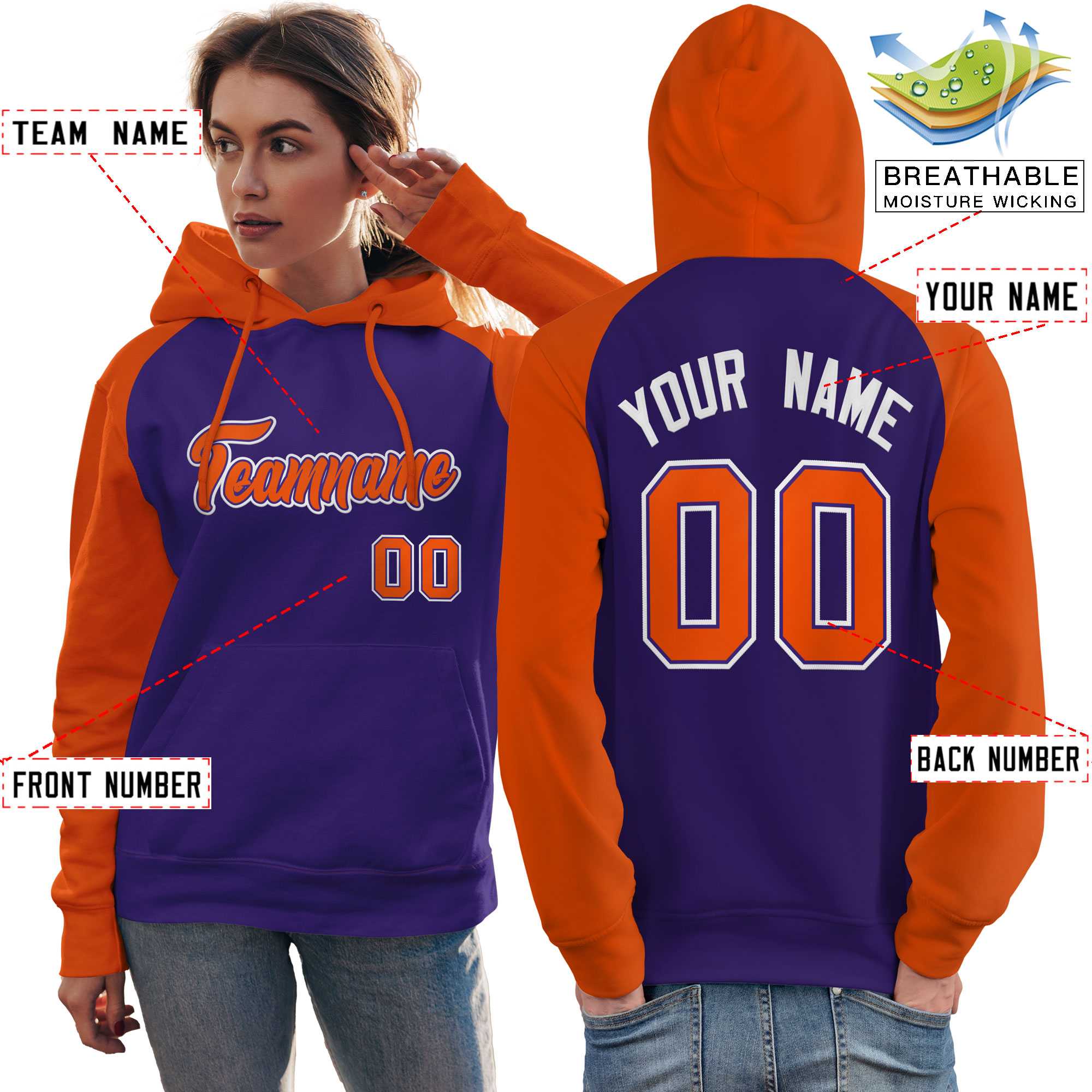 Custom Stitched Purple Orange Raglan Sleeves Sports Pullover Sweatshirt Hoodie For Women| KXKSHOP
