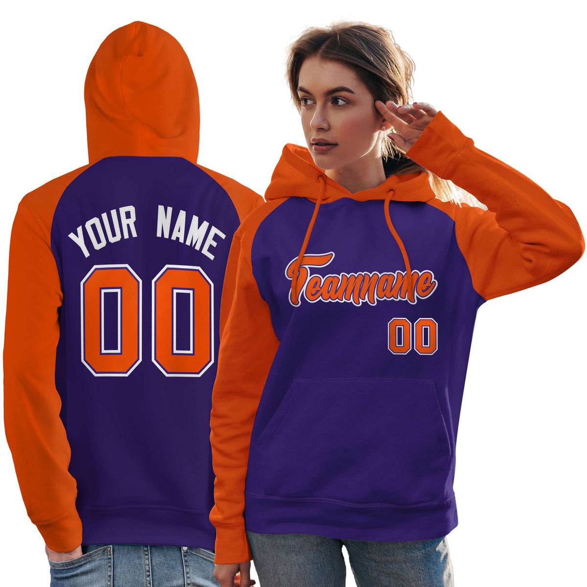 Custom Stitched Purple Orange Raglan Sleeves Sports Pullover Sweatshirt Hoodie For Women| KXKSHOP
