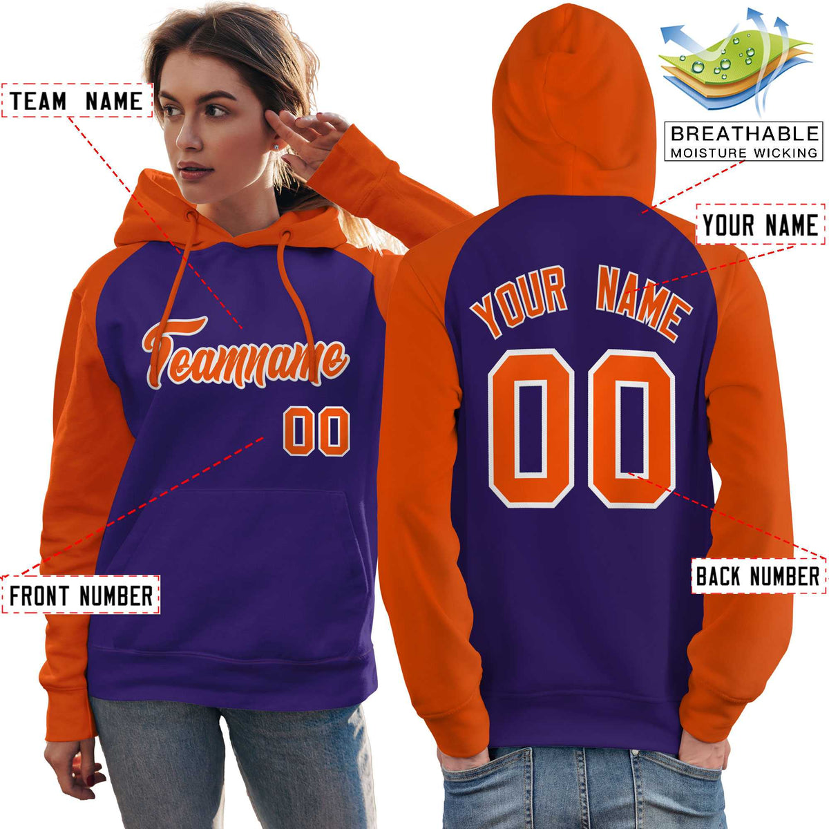 Custom Stitched Purple Orange Raglan Sleeves Sports Pullover Sweatshirt Hoodie For Women| KXKSHOP