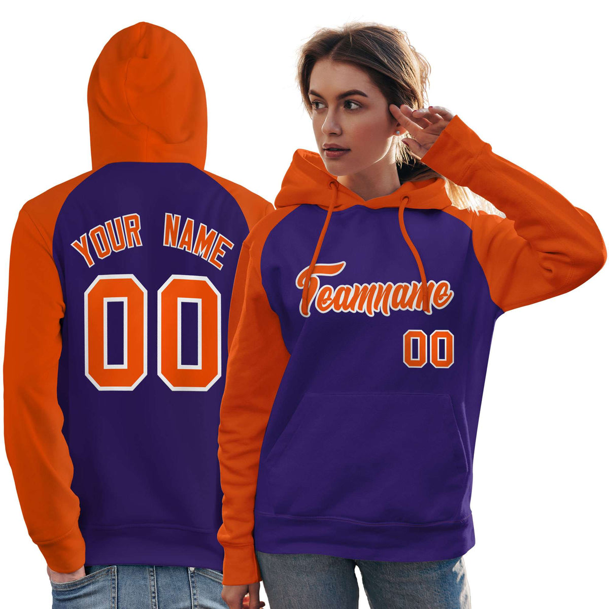 Custom Stitched Purple Orange Raglan Sleeves Sports Pullover Sweatshirt Hoodie For Women| KXKSHOP