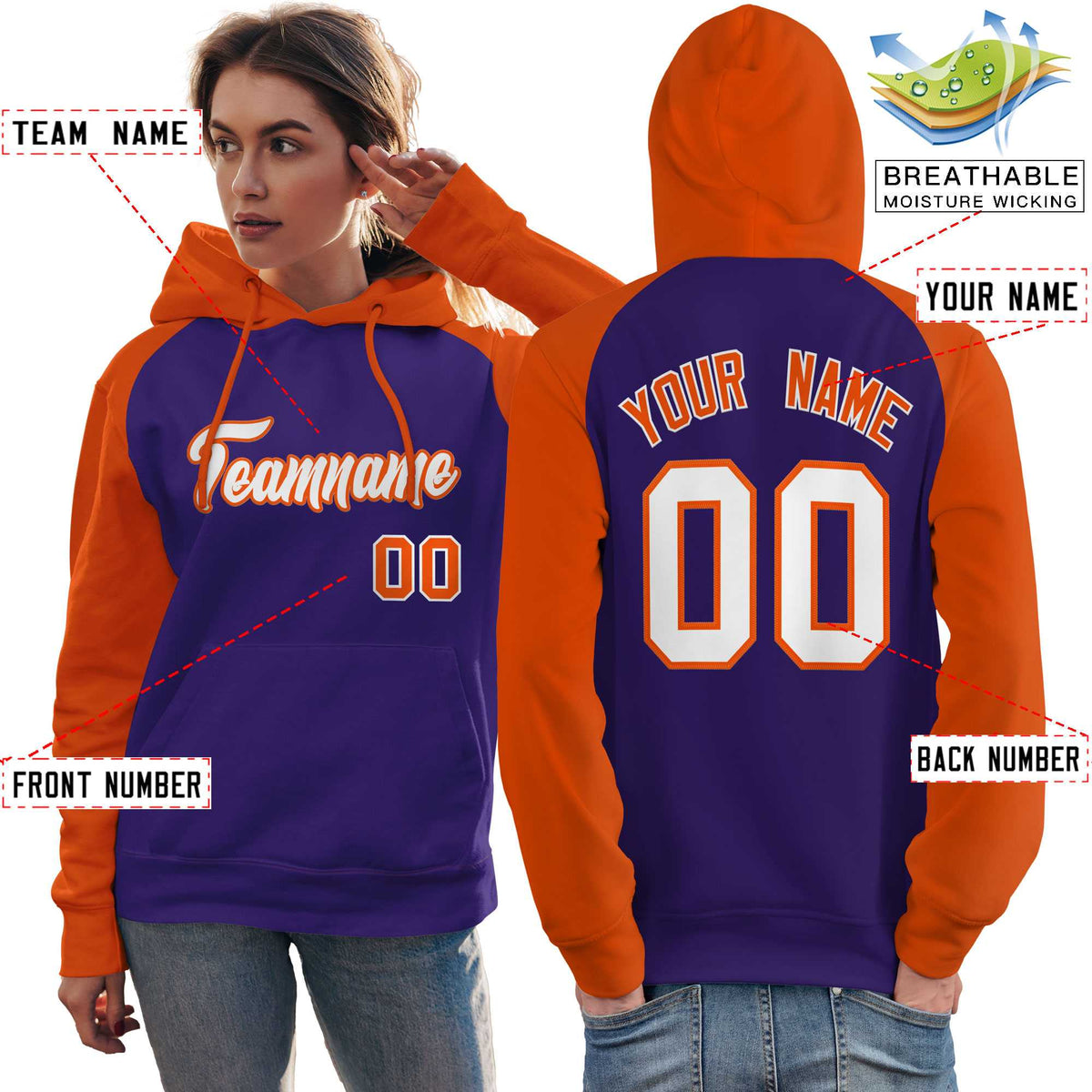 Custom Stitched Purple Orange-White Raglan Sleeves Sports Pullover Sweatshirt Hoodie For Women| KXKSHOP