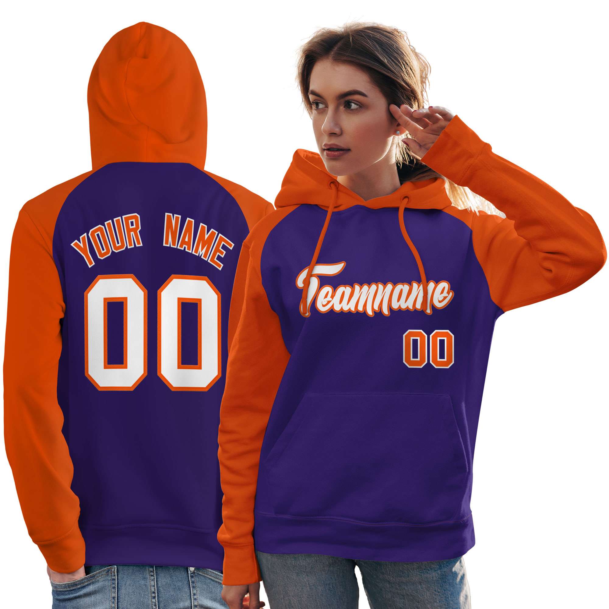 Custom Stitched Purple Orange-White Raglan Sleeves Sports Pullover Sweatshirt Hoodie For Women| KXKSHOP