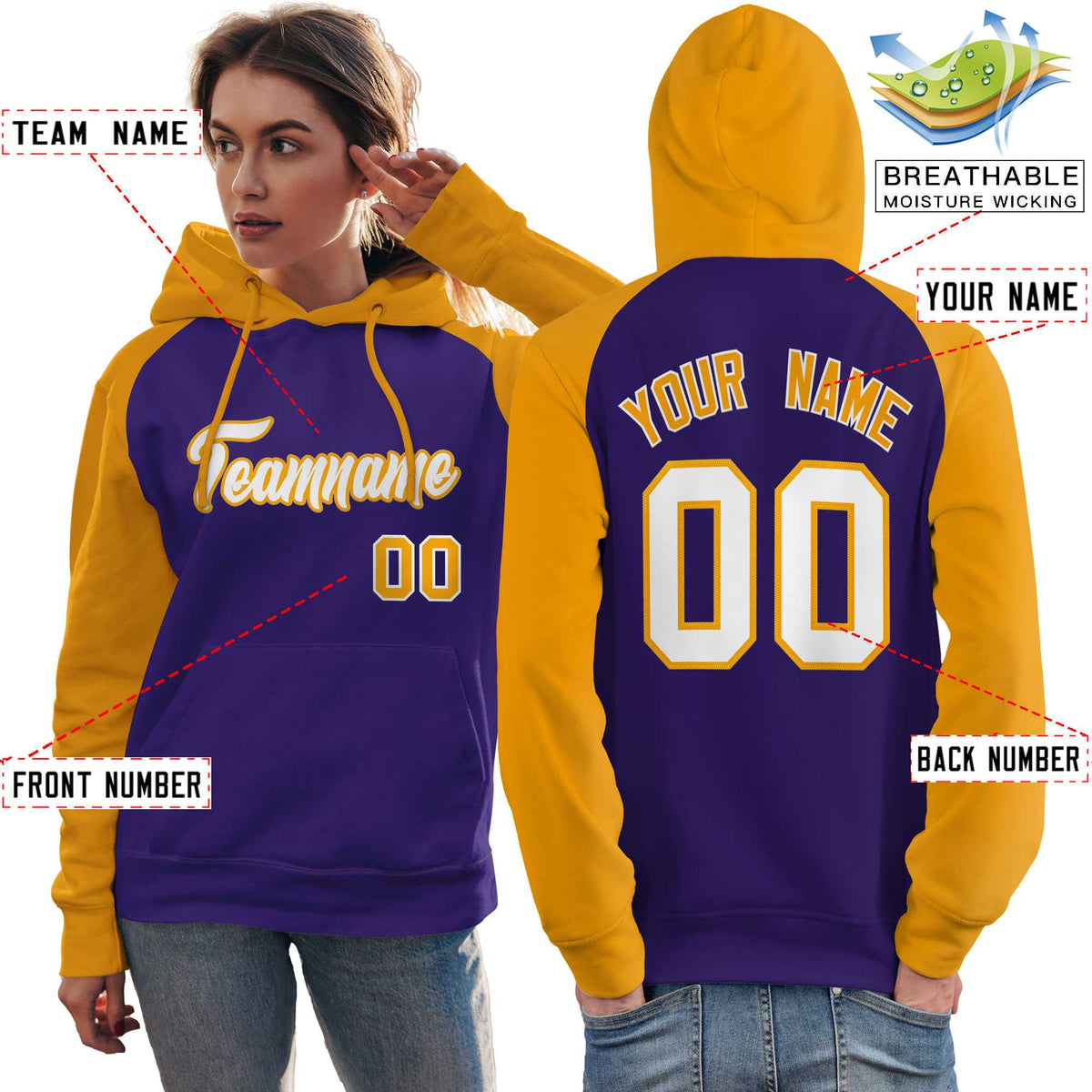Custom Stitched Purple Gold-White Raglan Sleeves Sports Pullover Sweatshirt Hoodie For Women| KXKSHOP