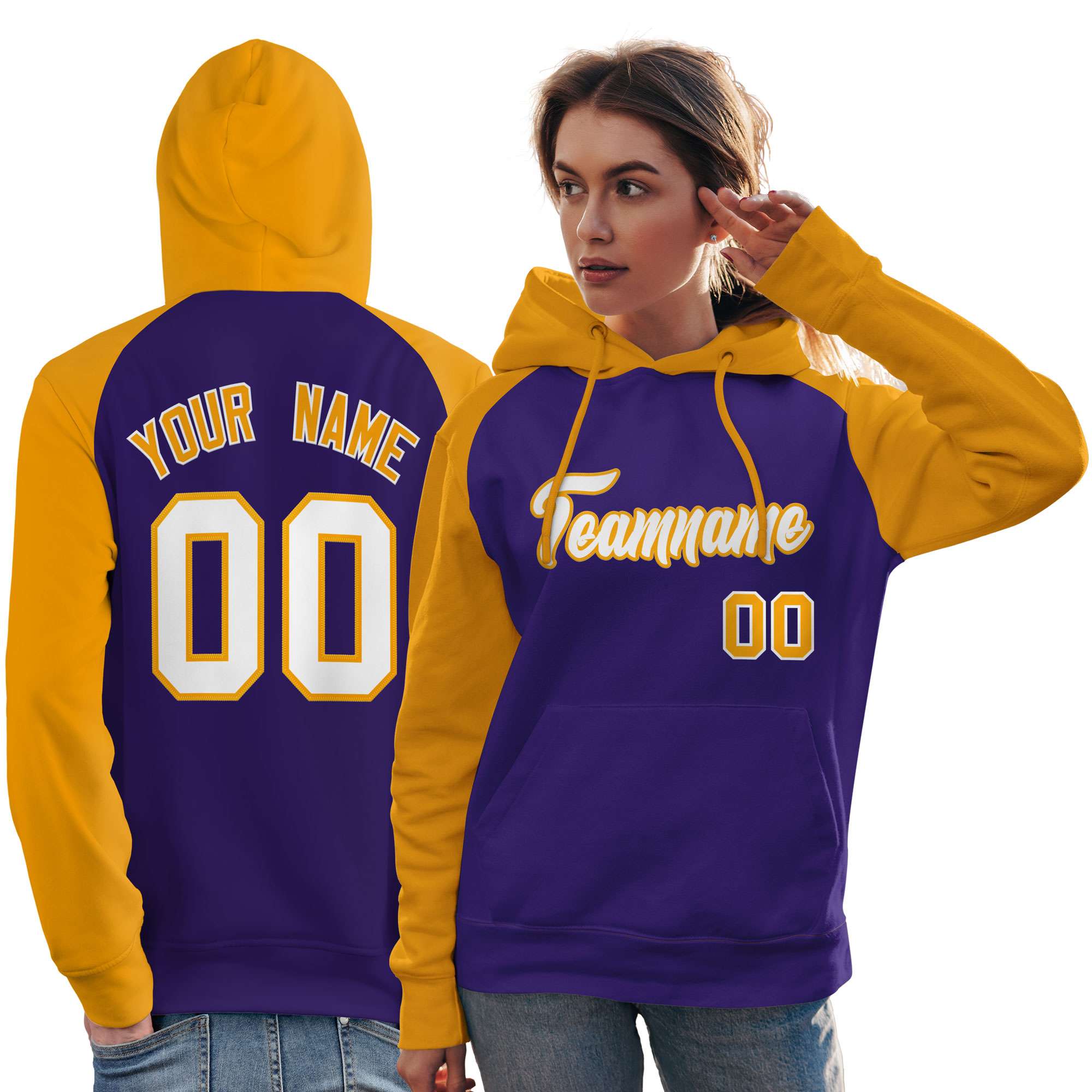 Custom Stitched Purple Gold-White Raglan Sleeves Sports Pullover Sweatshirt Hoodie For Women| KXKSHOP